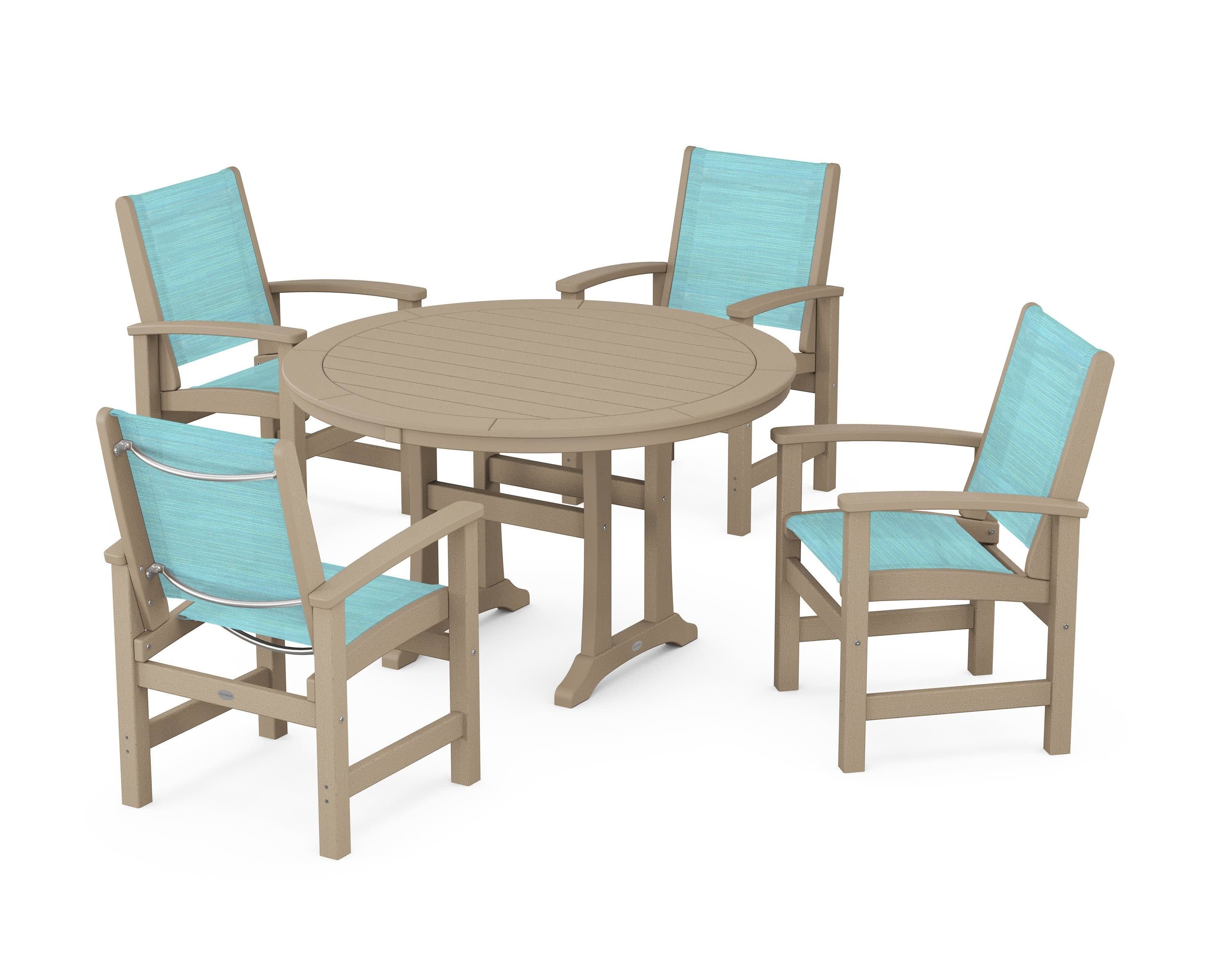 Coastal 5-Piece Round Dining Set with Trestle Legs in Vintage Sahara / Dupioni Aquamarine Sling