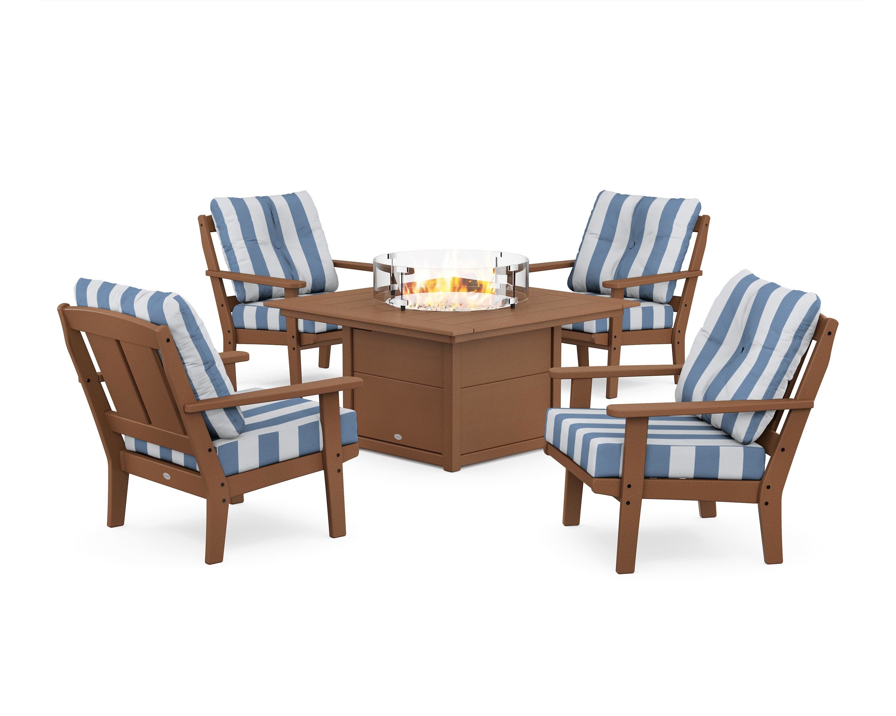 Mission 5-Piece Deep Seating Set with Fire Pit Table in Teak / Cabana Stripe Sky Blue