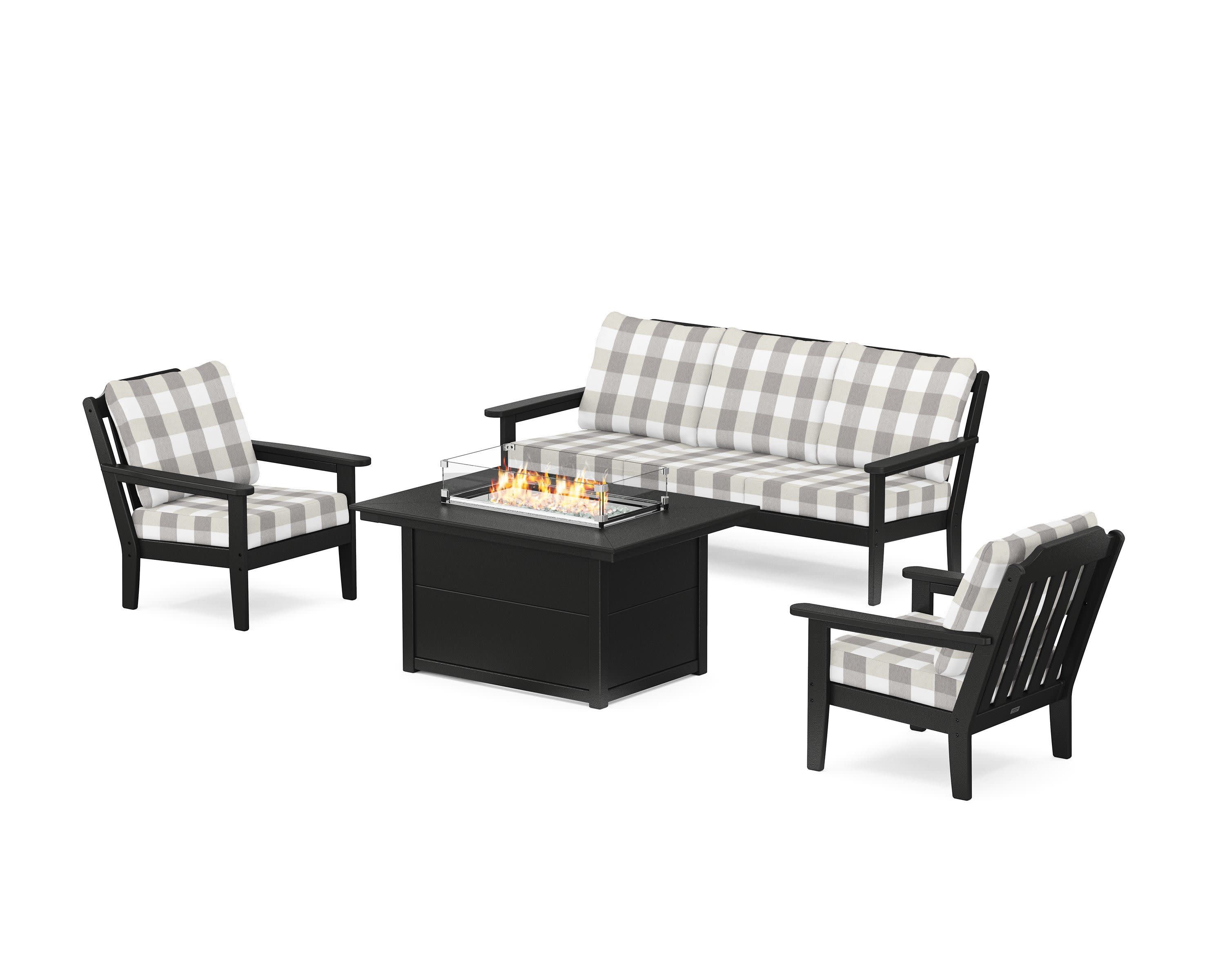 Cottage Deep Seating Fire Pit Table Set in Black / Buffalo Plaid Grey Mist