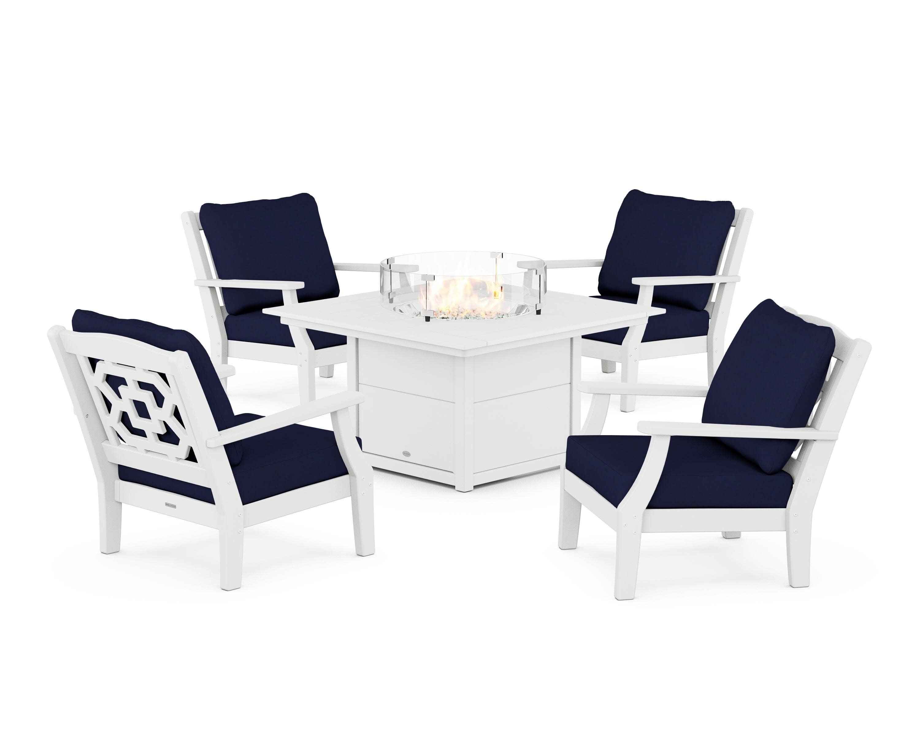 Chinoiserie 5-Piece Deep Seating Set with Fire Pit Table in White / Navy