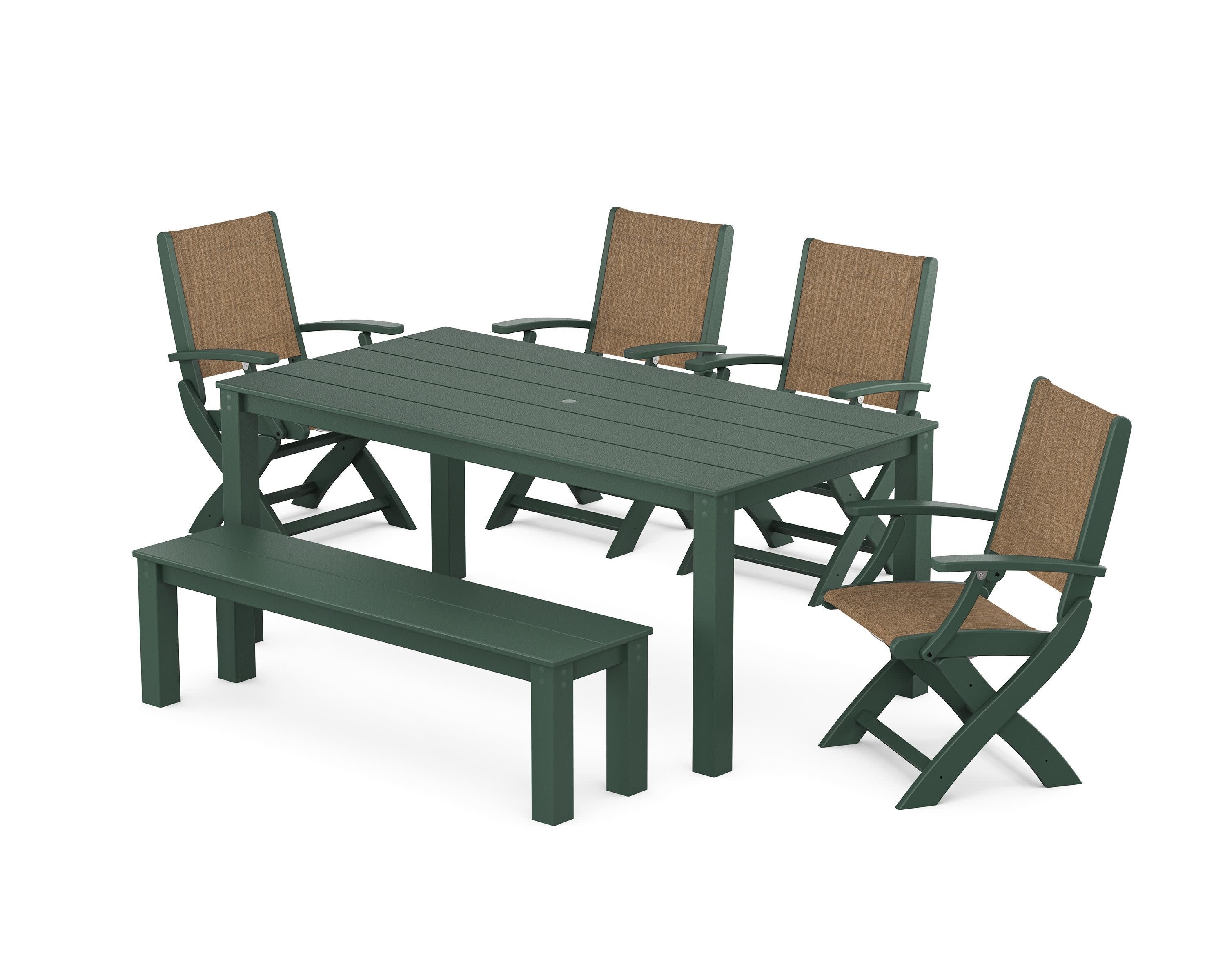 Coastal Folding Chair 6-Piece Parsons Dining Set with Bench in Green / Burlap Sling