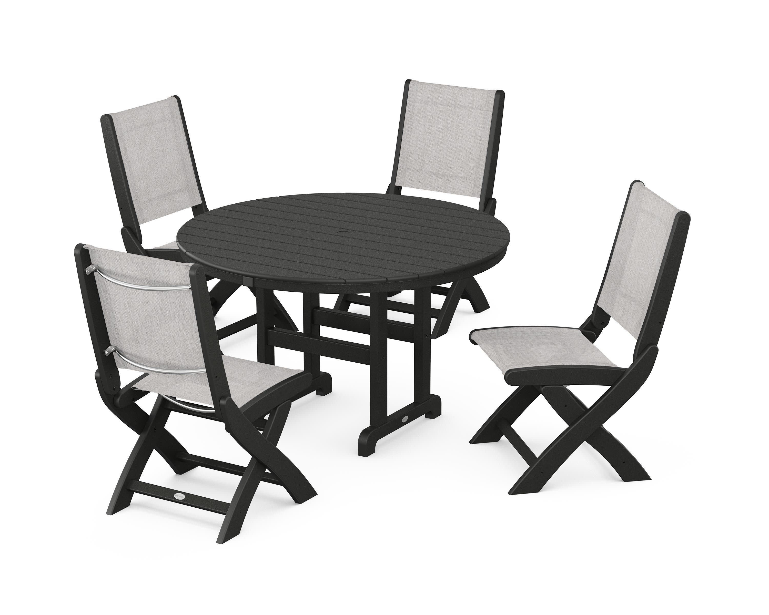 Coastal Folding Side Chair 5-Piece Round Dining Set in Black / Parchment Sling