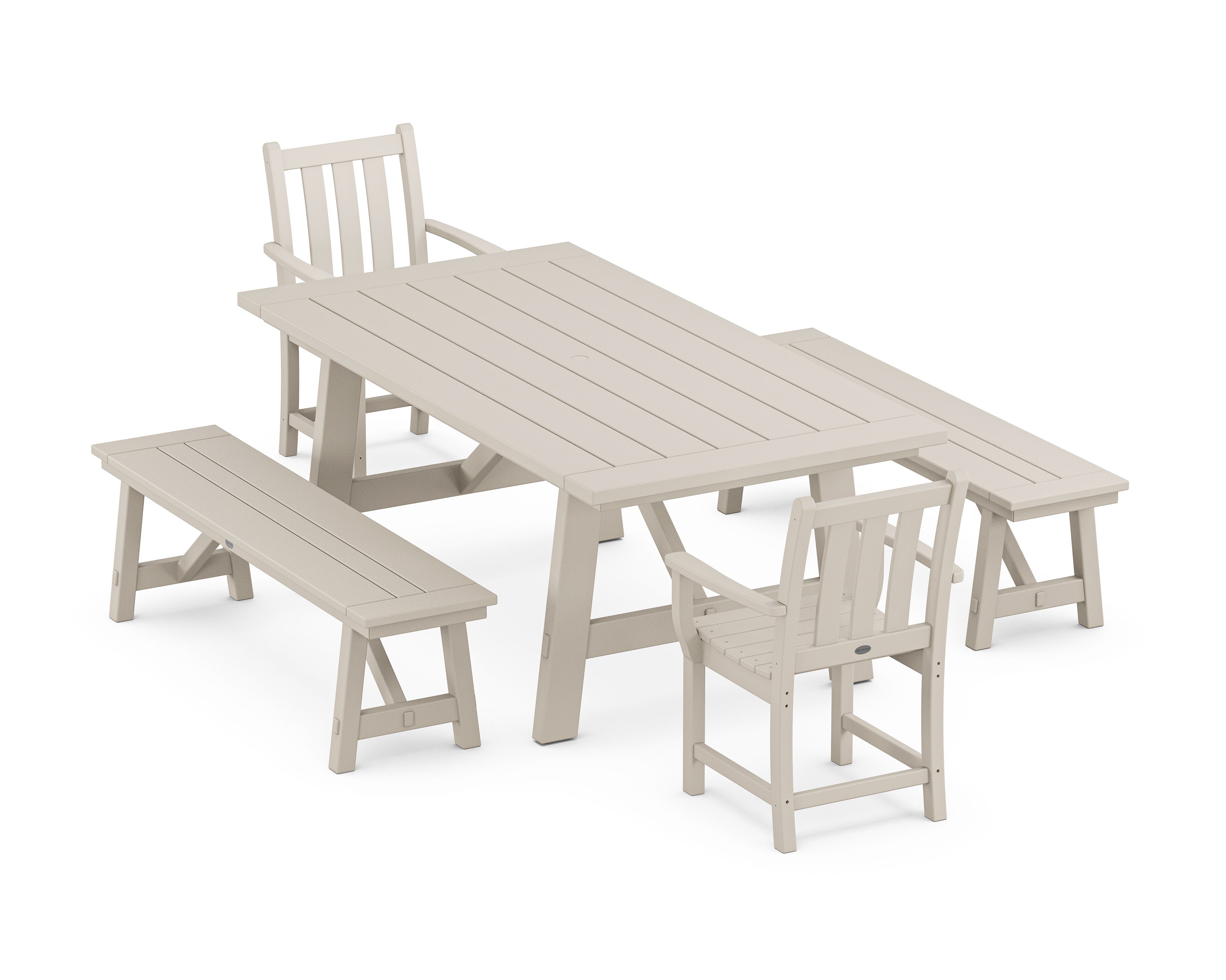 Traditional Garden 5-Piece Rustic Farmhouse Dining Set With Benches in Sand