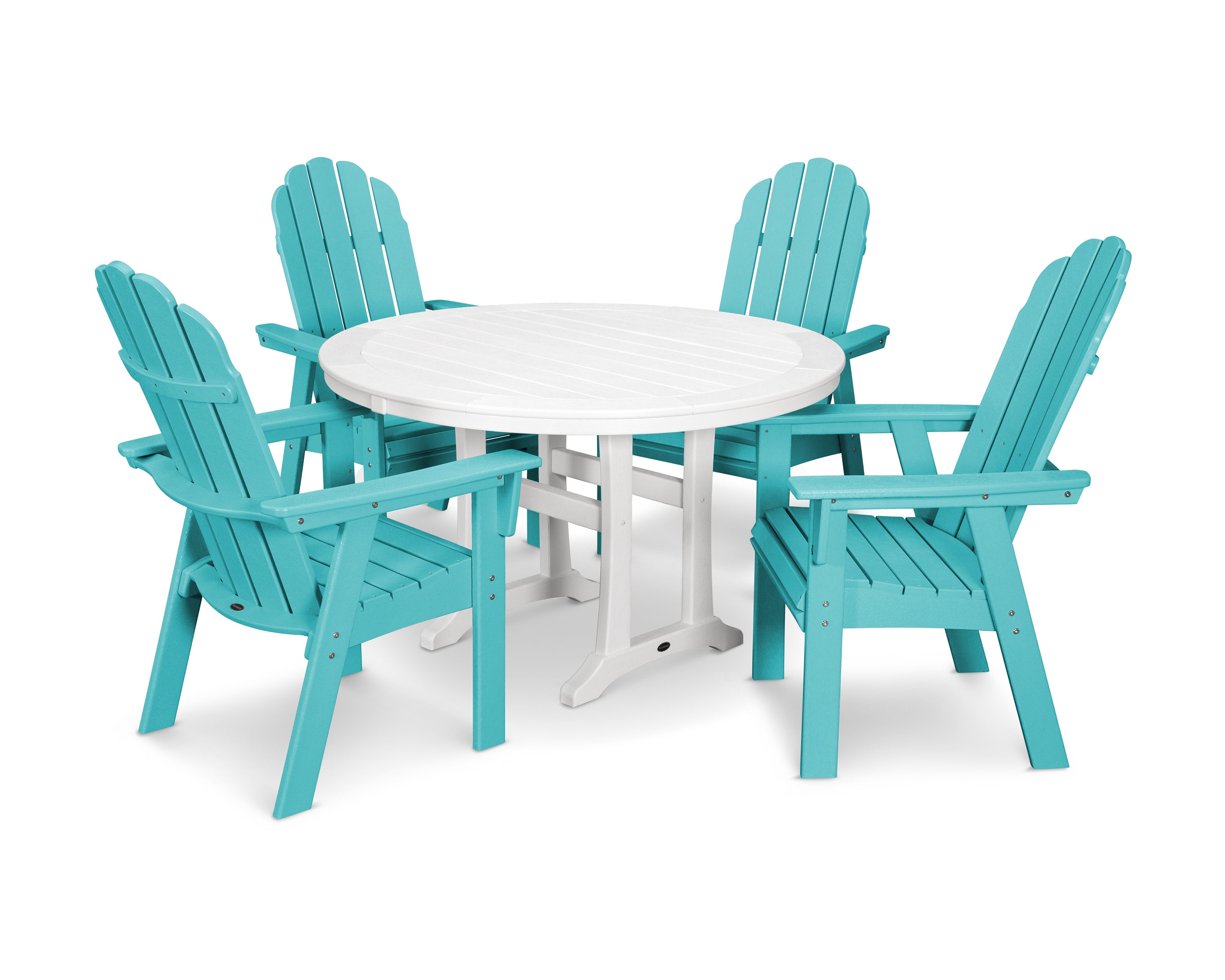 Vineyard Curveback Adirondack 5-Piece Nautical Trestle Dining Set in Aruba / White