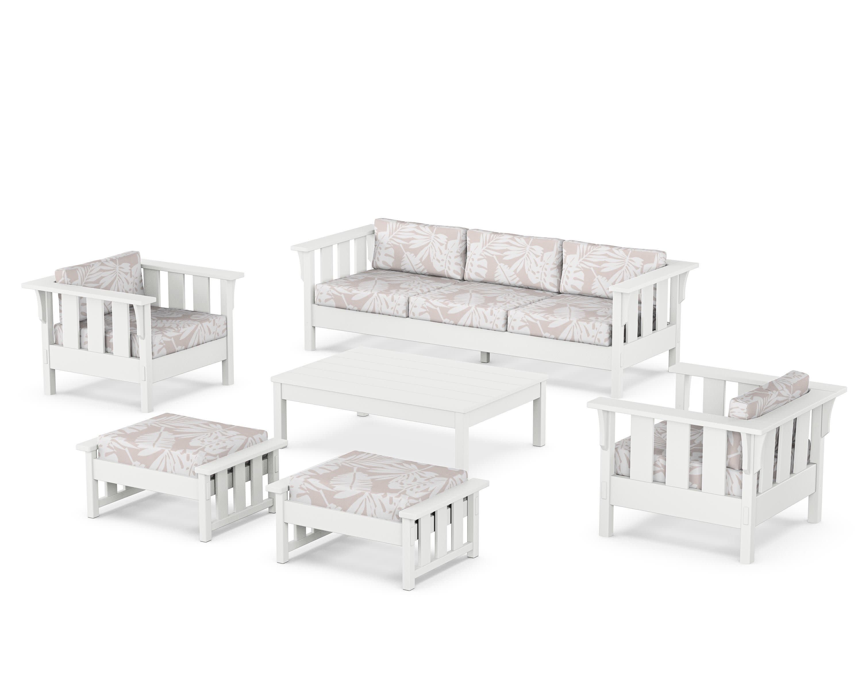 Acadia 6-Piece Lounge Sofa Set in White / Leaf Dune Burlap