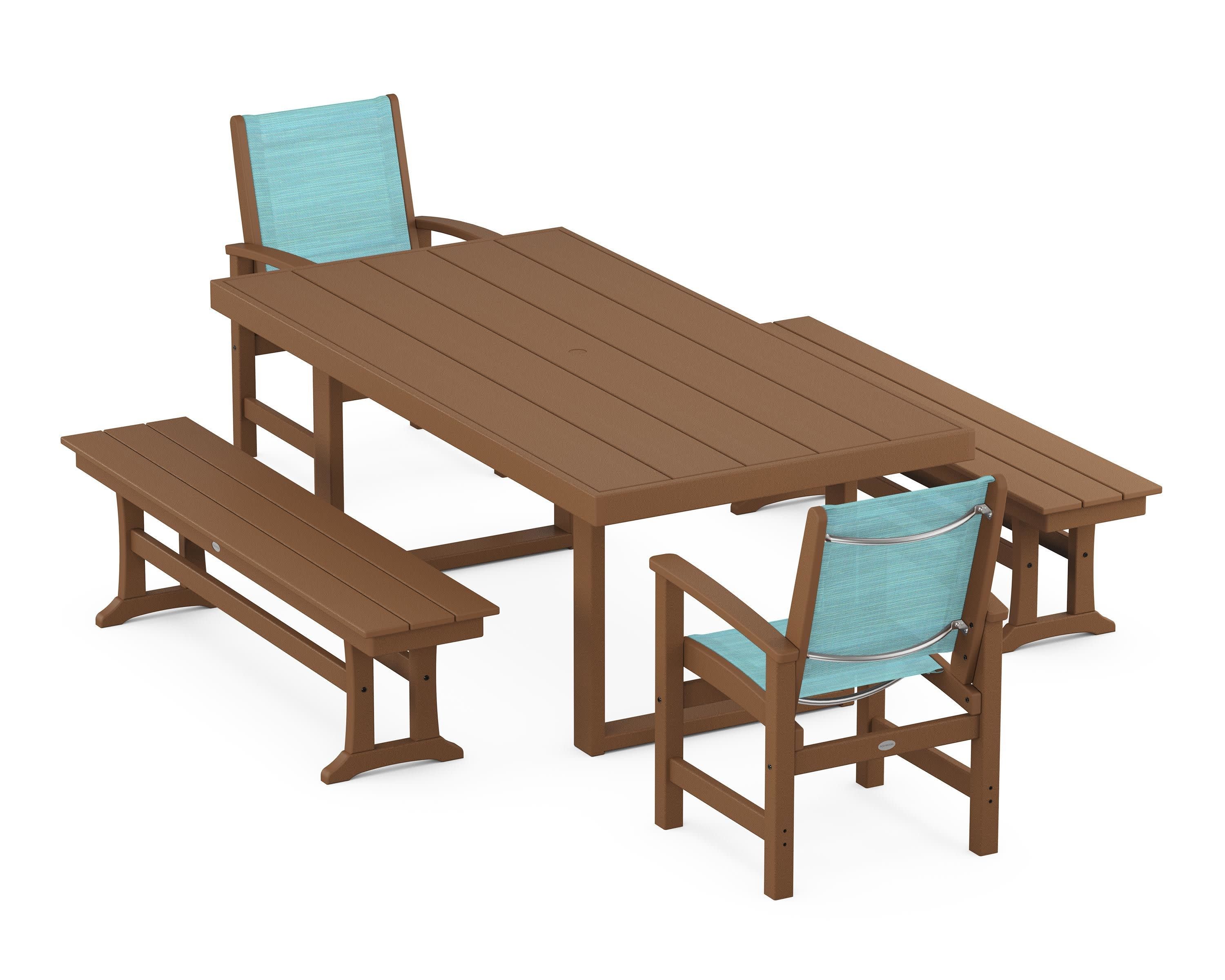 Coastal 5-Piece Dining Set with Trestle Legs in Teak / Dupioni Aquamarine Sling