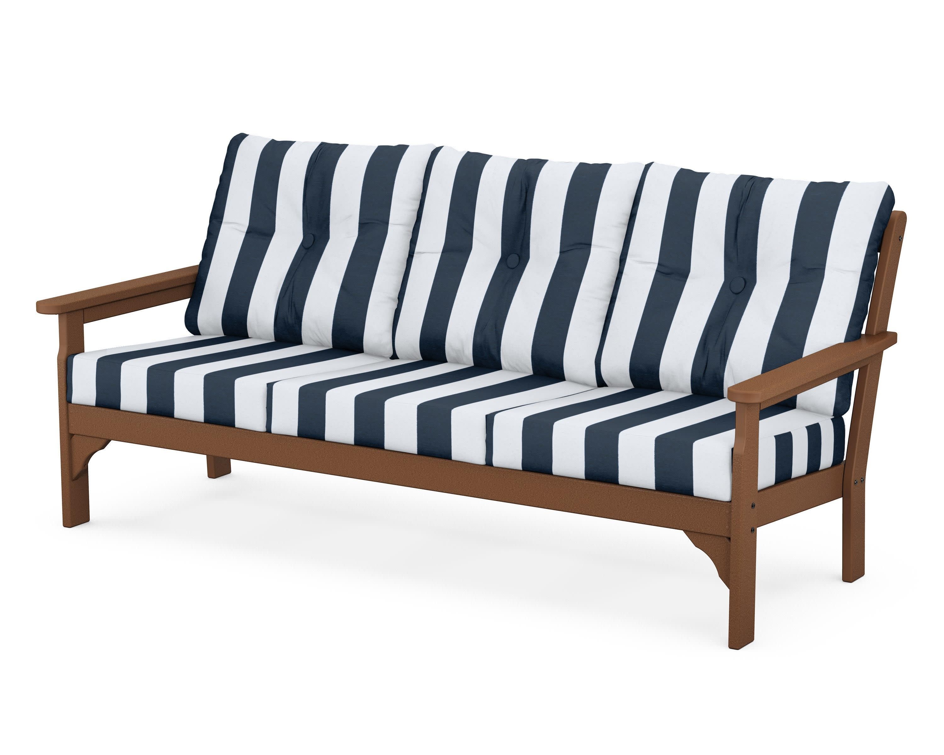 Vineyard Deep Seating Sofa in Teak / Cabana Stripe Marine Indigo