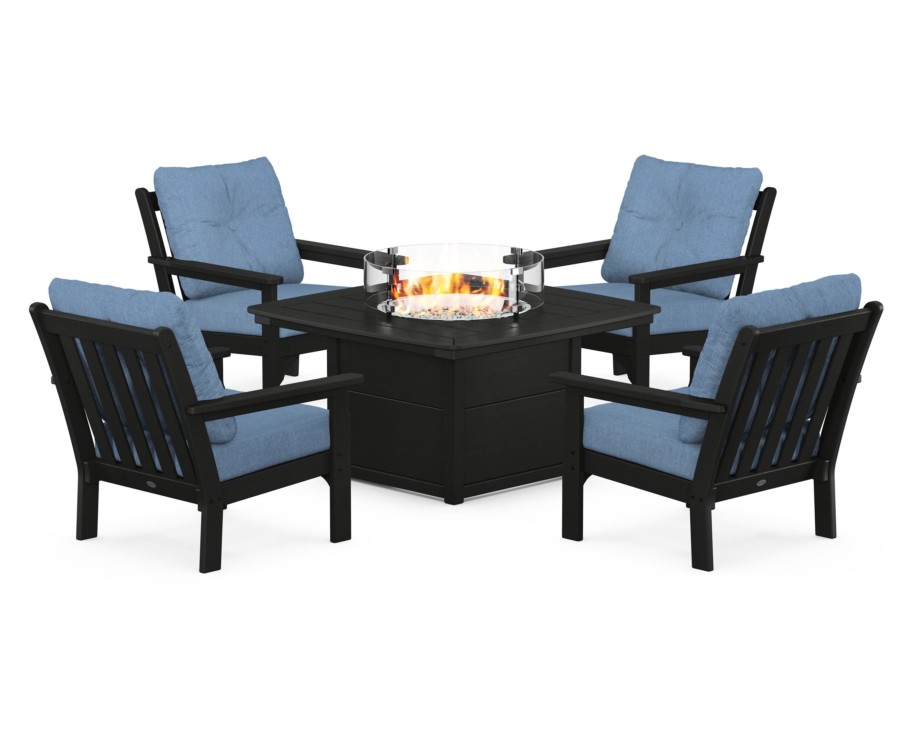 Vineyard 5-Piece Conversation Set with Fire Pit Table in Black / Sky Blue