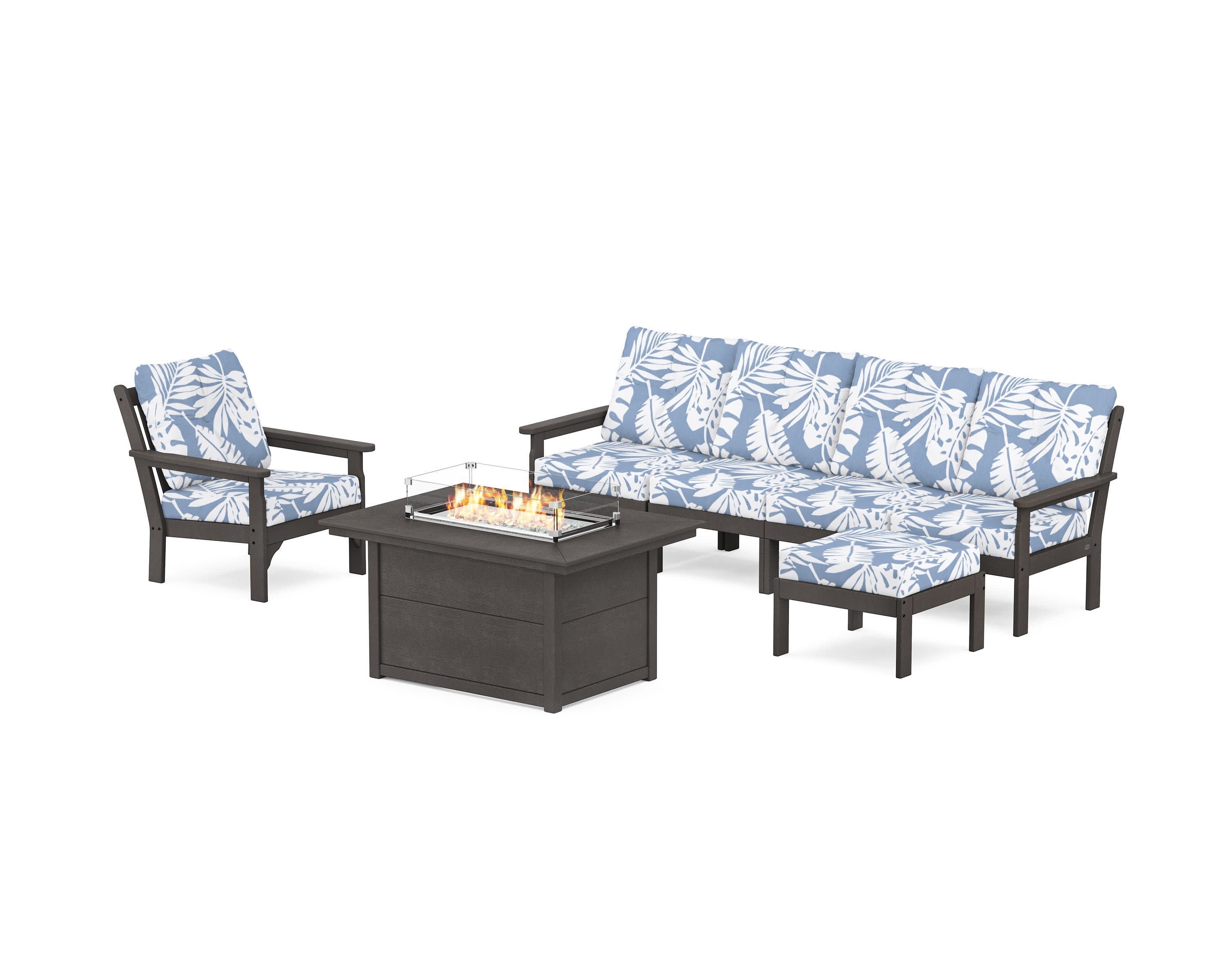 Vineyard Sectional Lounge and Fire Pit Set in Vintage Coffee / Leaf Sky Blue