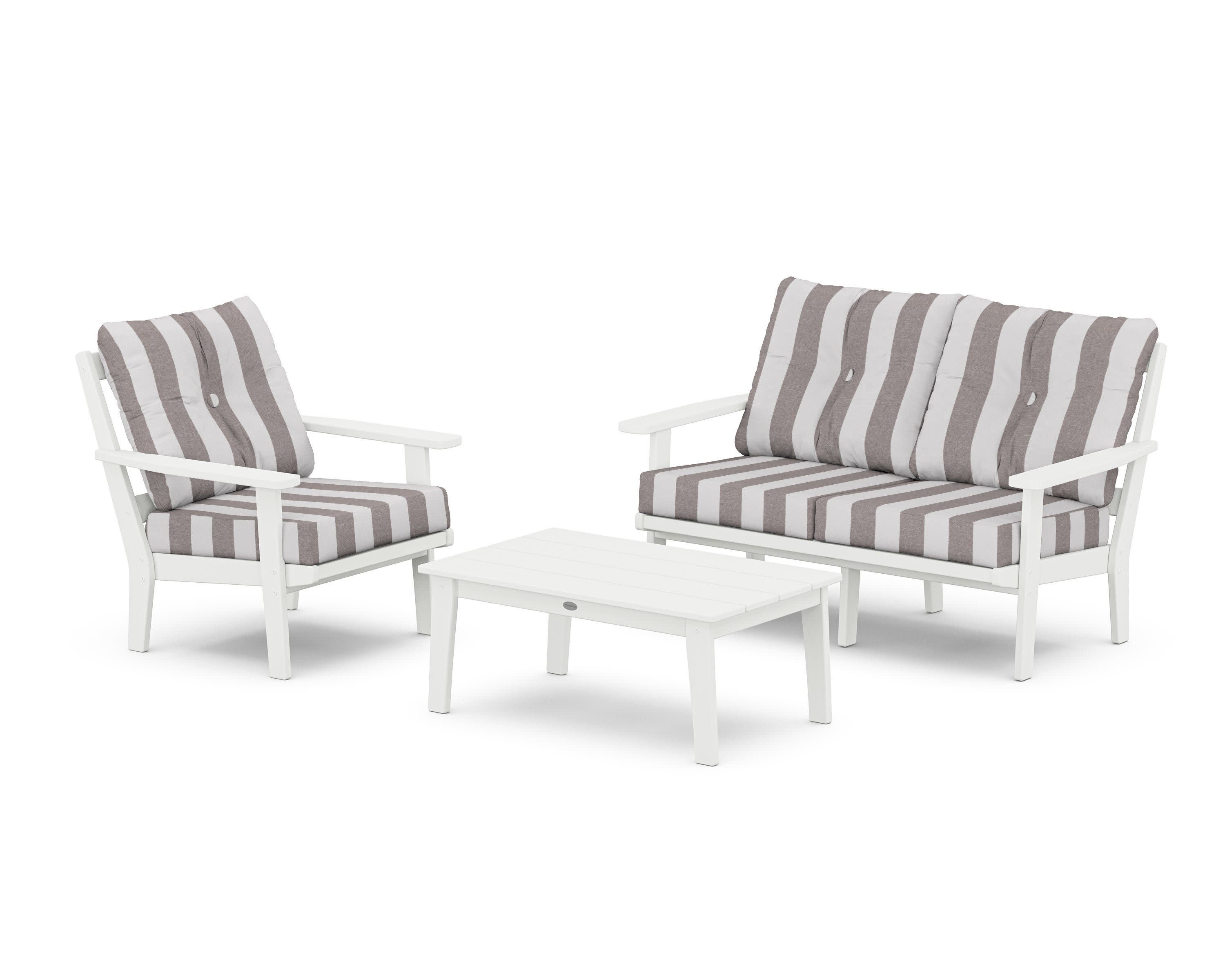 Oxford 3-Piece Deep Seating Set with Loveseat in White / Cabana Stripe Grey Mist
