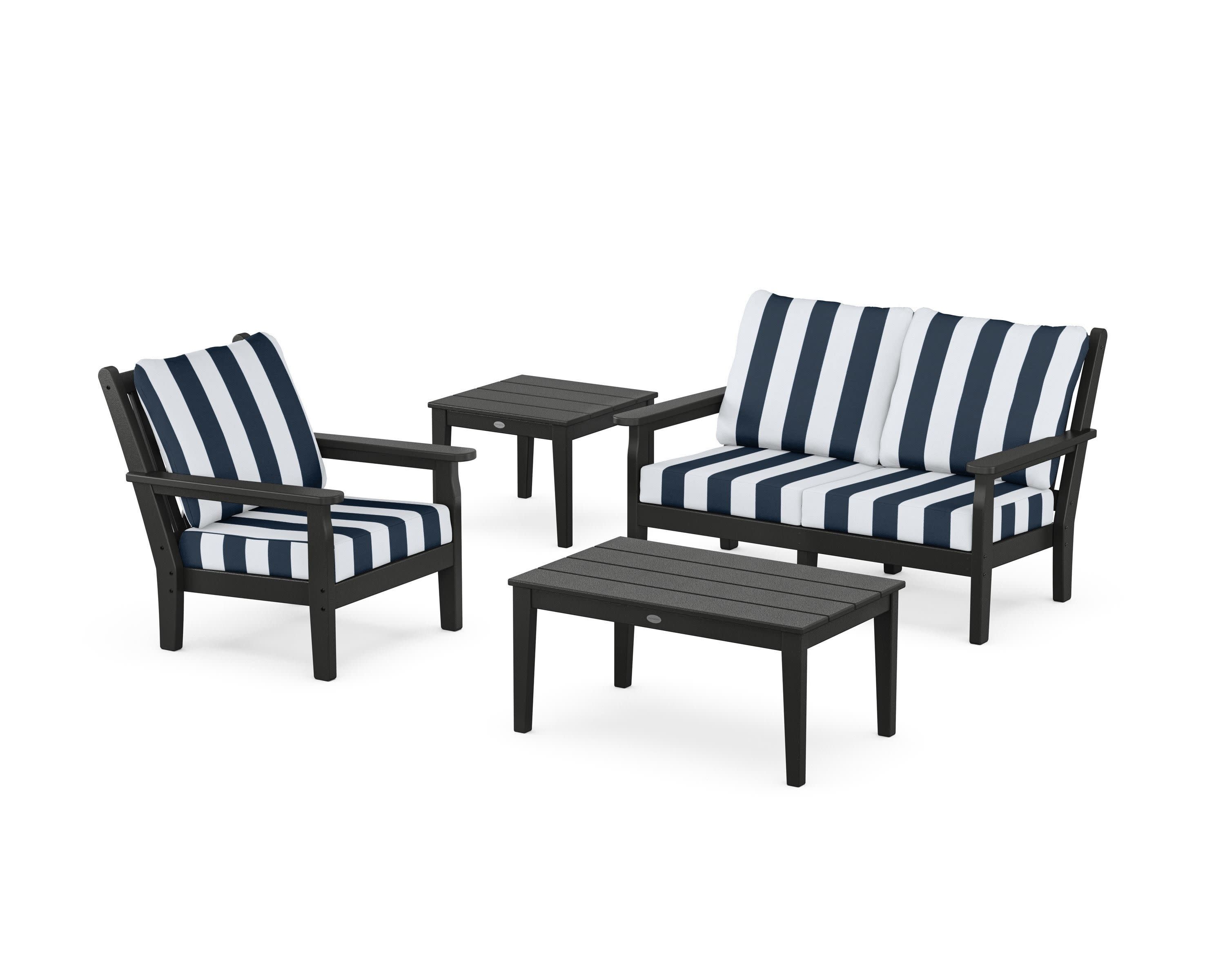 Chippendale 4-Piece Deep Seating Set in Black / Cabana Stripe Marine Indigo
