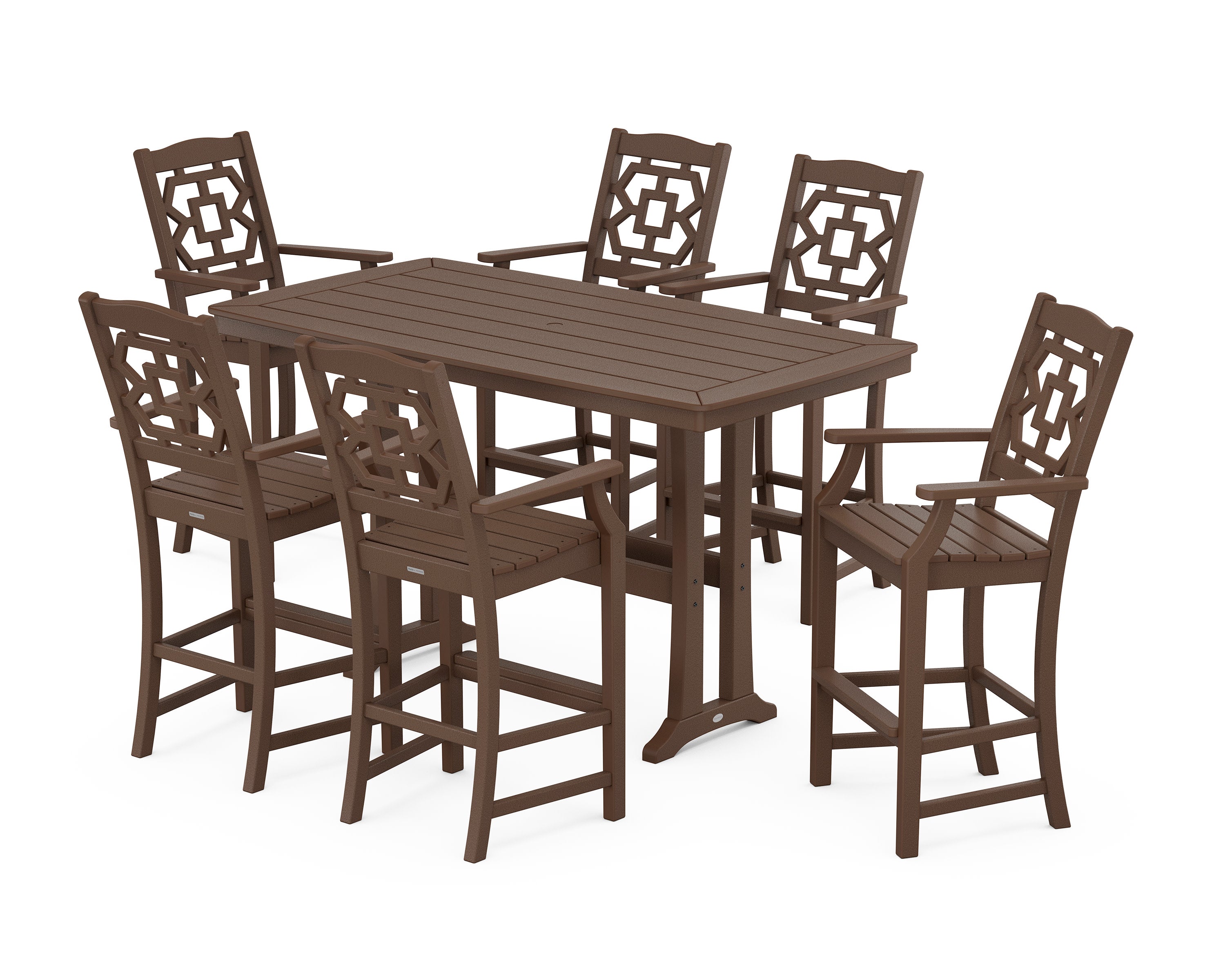 Chinoiserie Arm Chair 7-Piece Bar Set with Trestle Legs in Mahogany