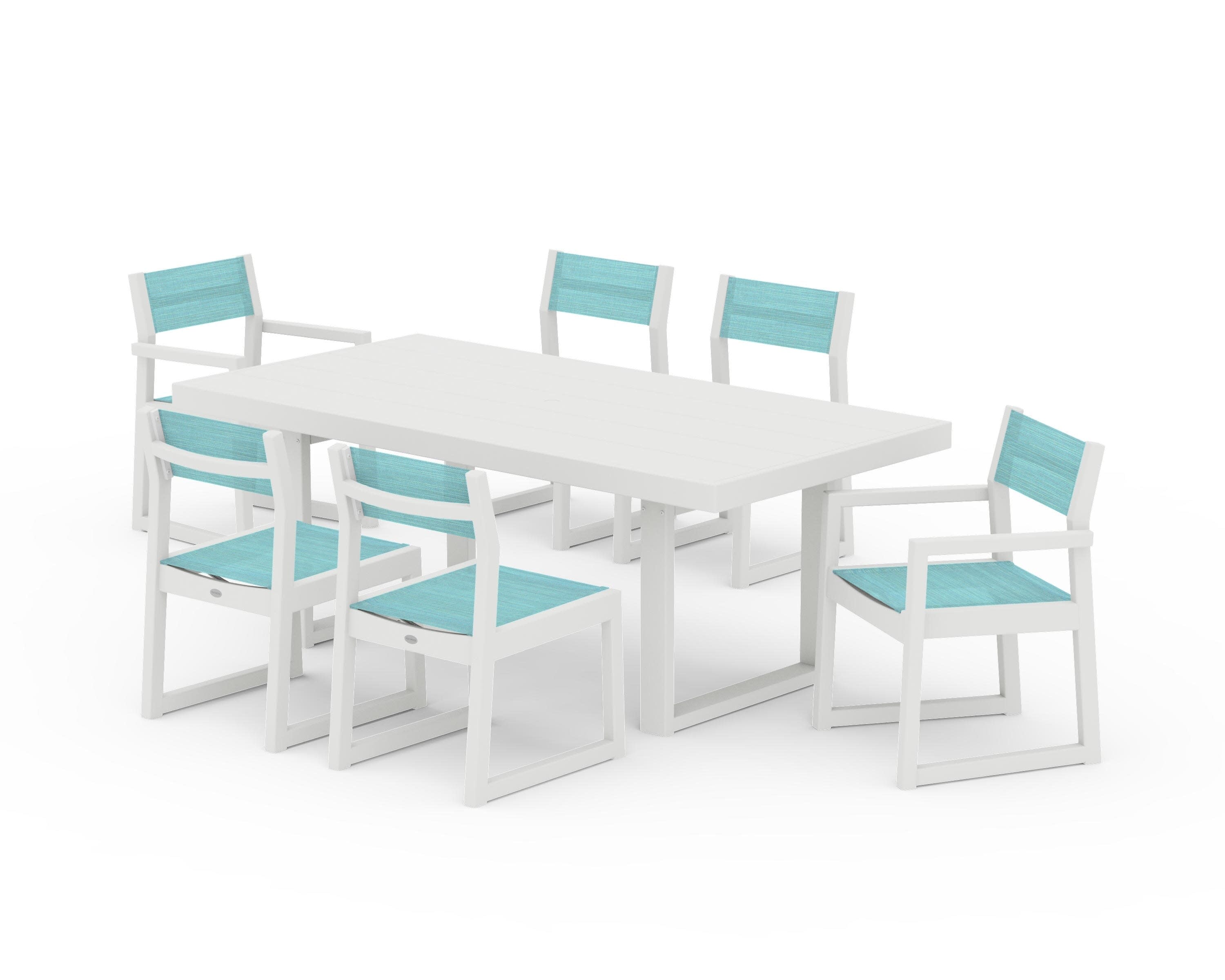 EDGE Sling 7-Piece Dining Set in Vintage White / Dupioni Aquamarine Sling