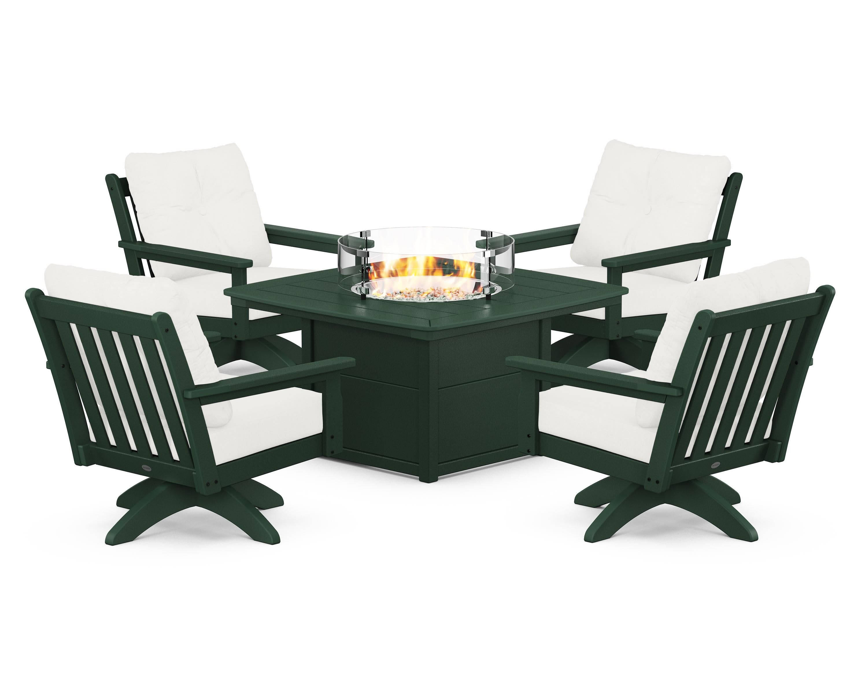 Vineyard 5-Piece Deep Seating Swivel Conversation Set with Fire Pit Table in Green / Natural Linen