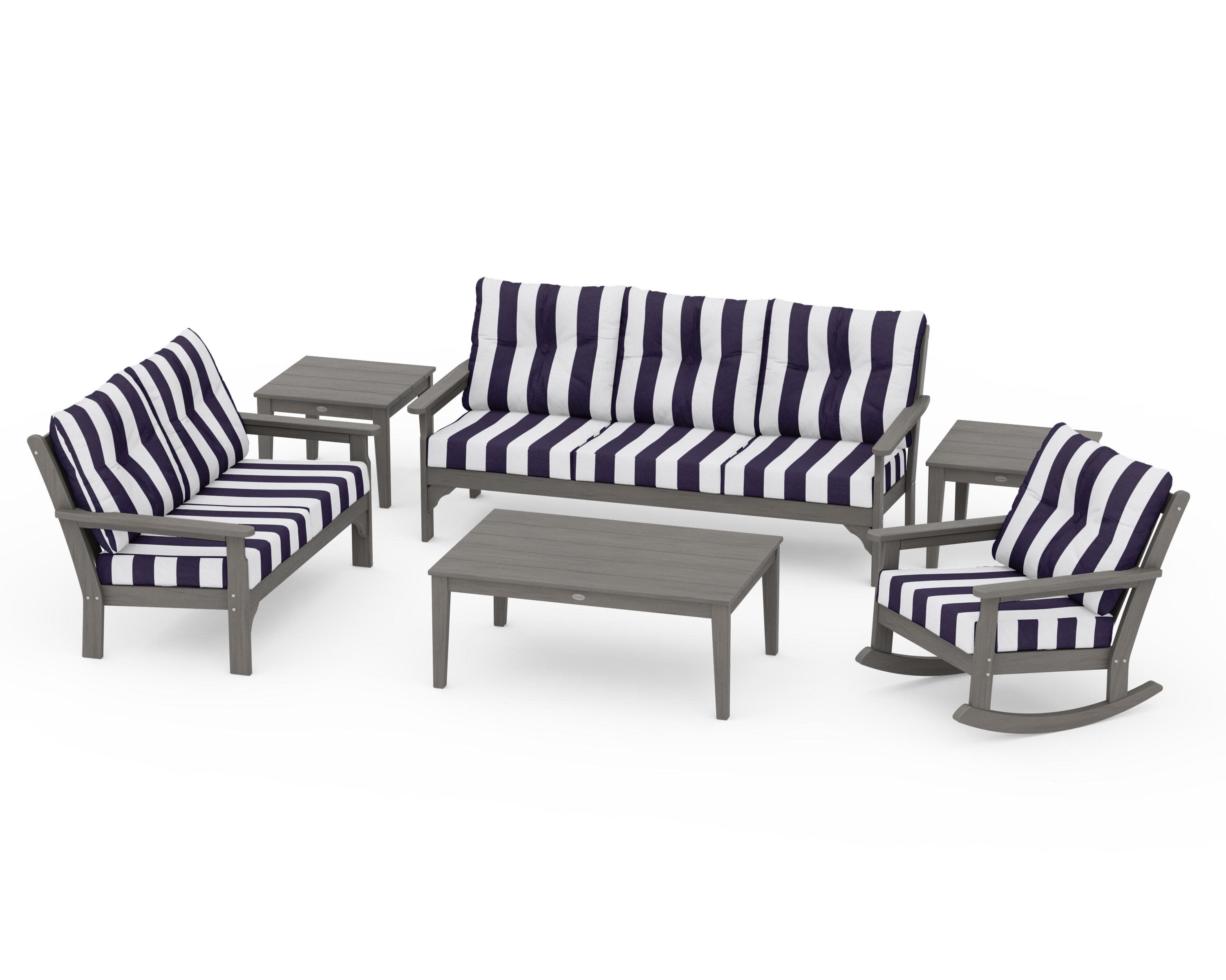 Vineyard 6-Piece Deep Seating Set in Driftwood / Cabana Stripe Navy