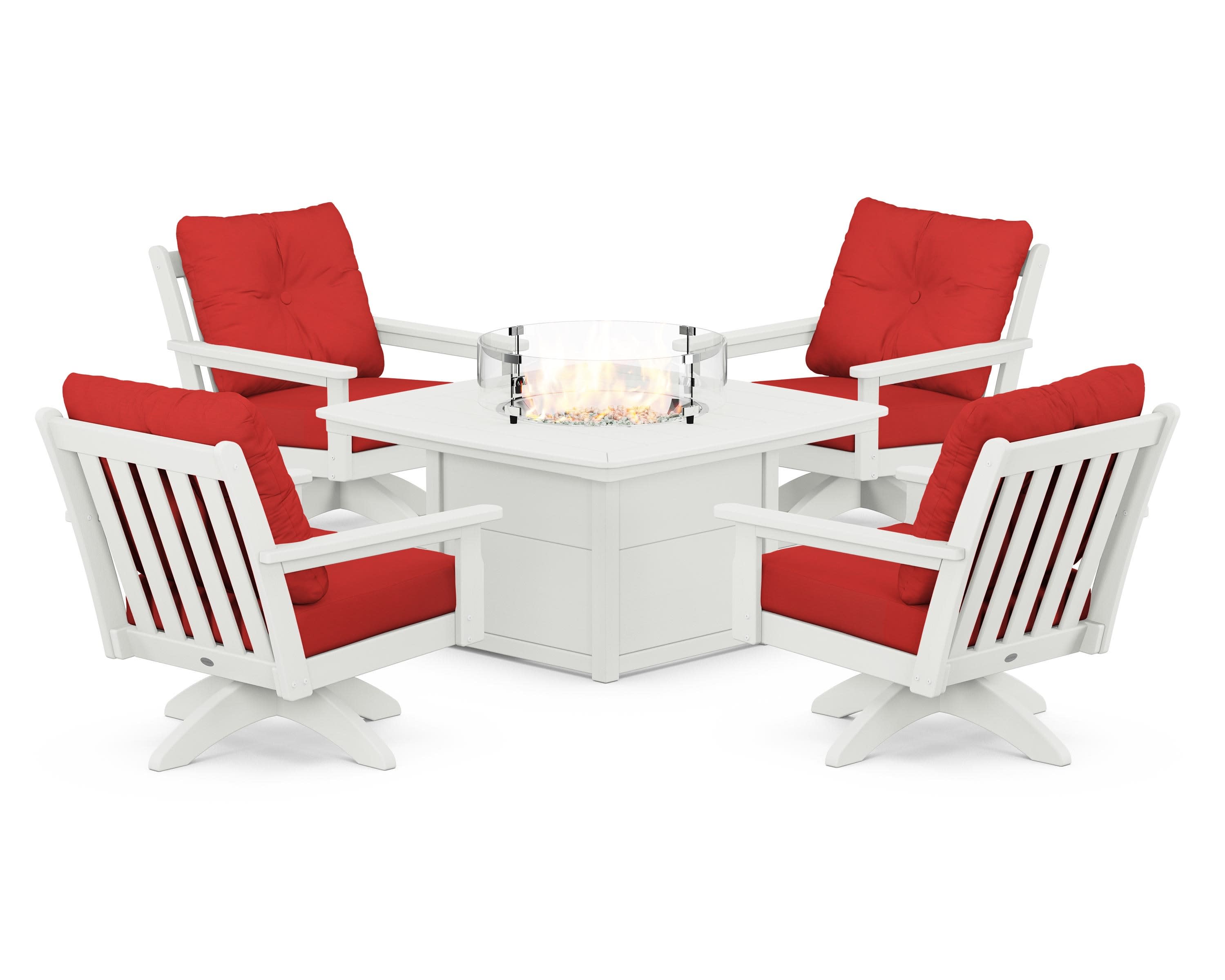 Vineyard 5-Piece Deep Seating Swivel Conversation Set with Fire Pit Table in Vintage White / Crimson Linen