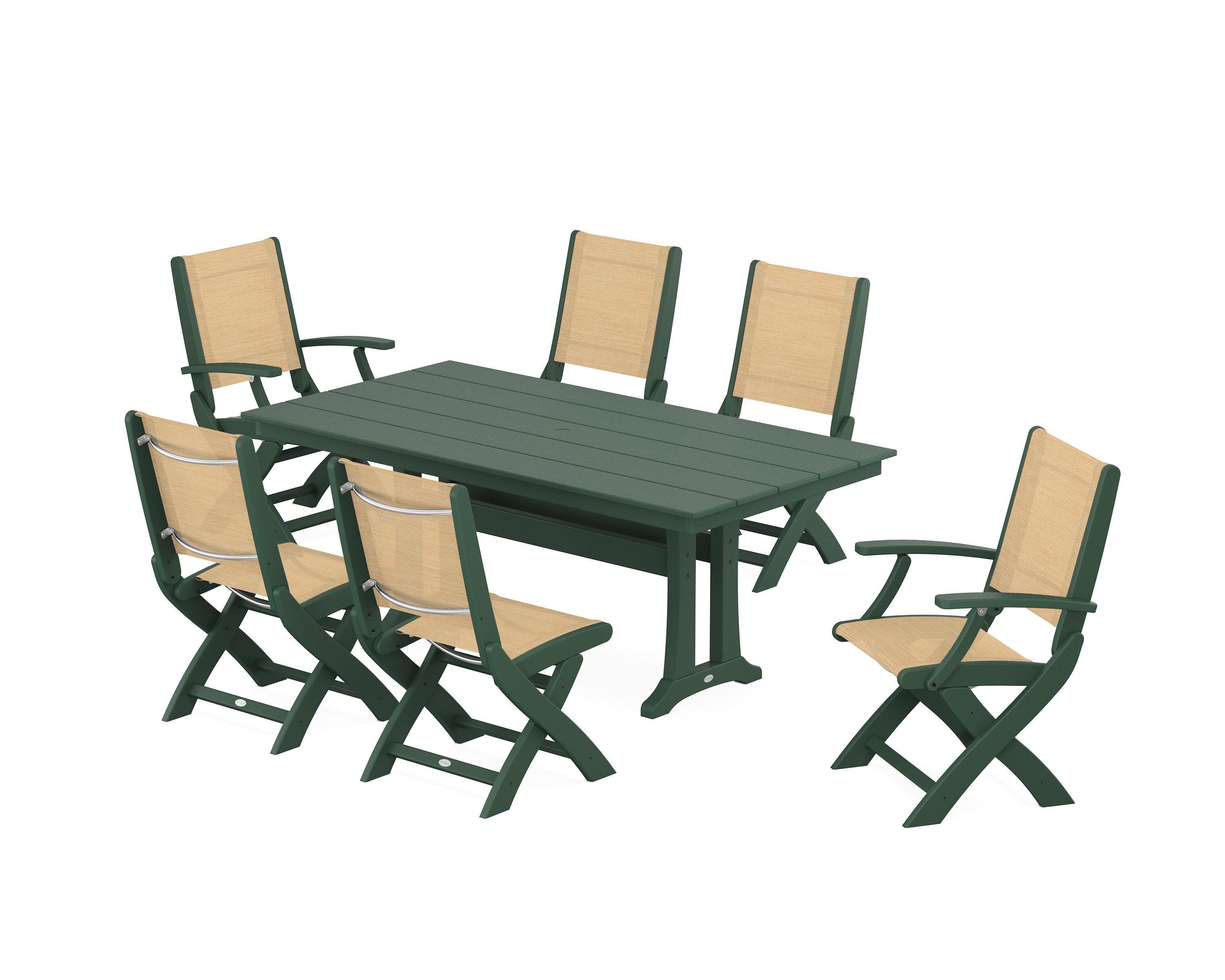 Coastal Folding Chair 7-Piece Farmhouse Dining Set with Trestle Legs in Green / Dupioni Apricot Sling