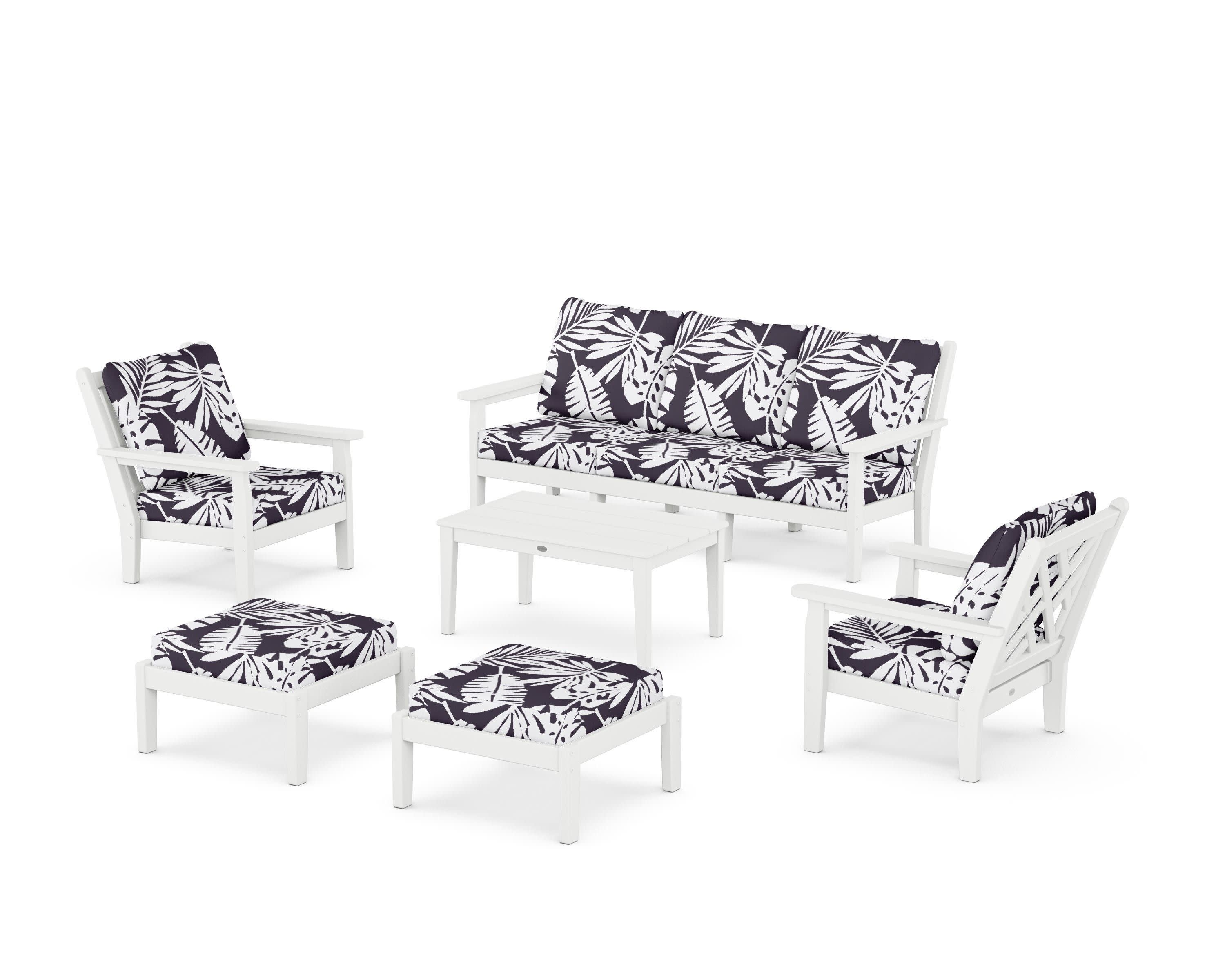 Chippendale 6-Piece Lounge Sofa Set in White / Leaf Navy