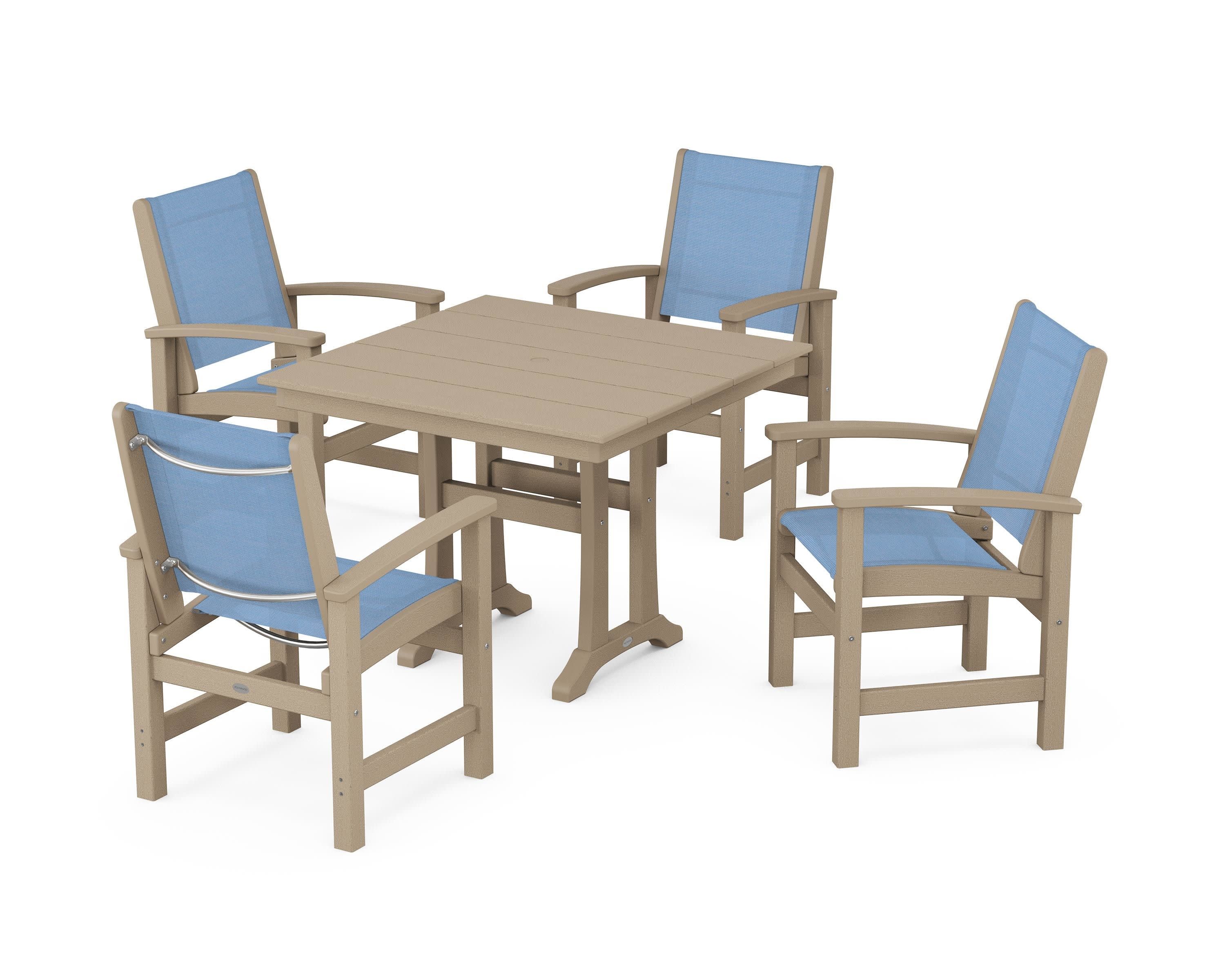 Coastal 5-Piece Farmhouse Dining Set With Trestle Legs in Vintage Sahara / Poolside Sling