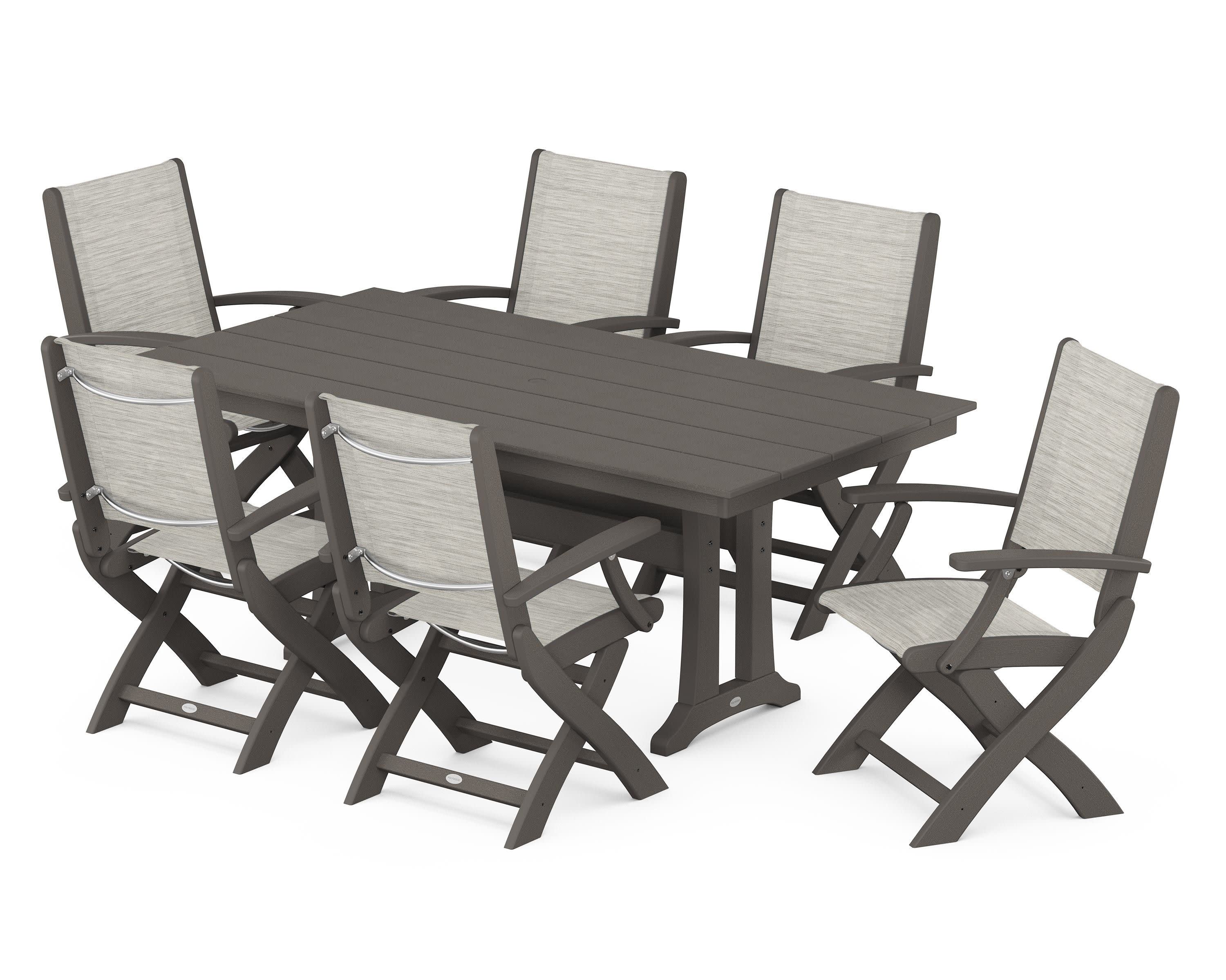 Coastal Folding Arm Chair 7-Piece Farmhouse Dining Set with Trestle Legs in Vintage Coffee / Birch Sling