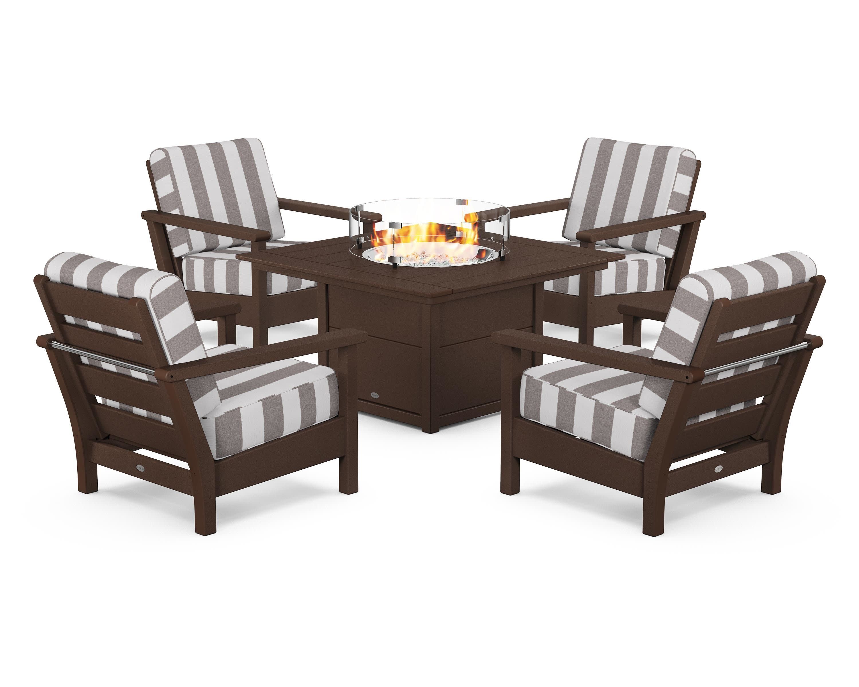 Harbour 5-Piece Conversation Set with Fire Pit Table in Mahogany / Cabana Stripe Grey Mist