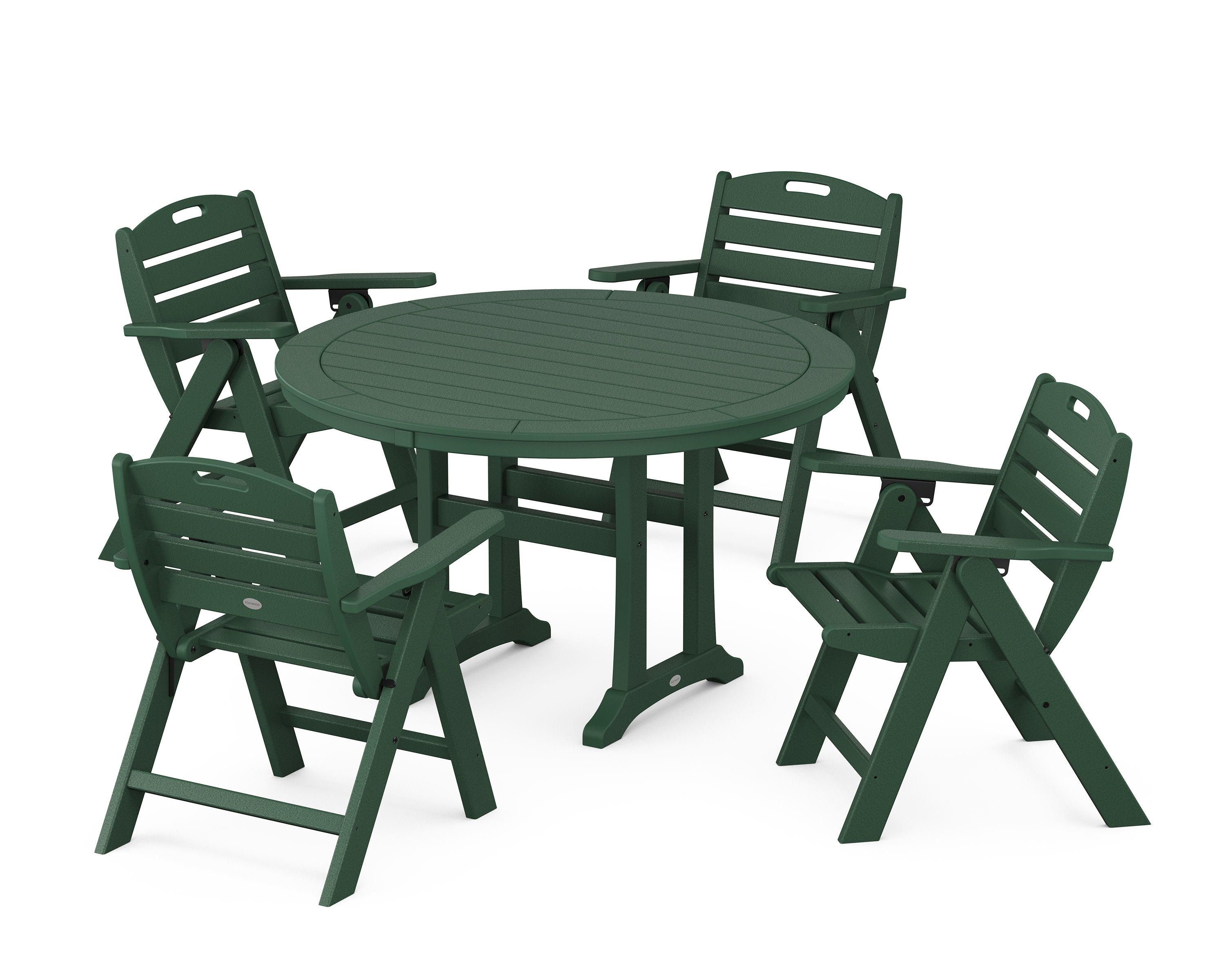 Nautical Folding Lowback Chair 5-Piece Round Dining Set With Trestle Legs in Green