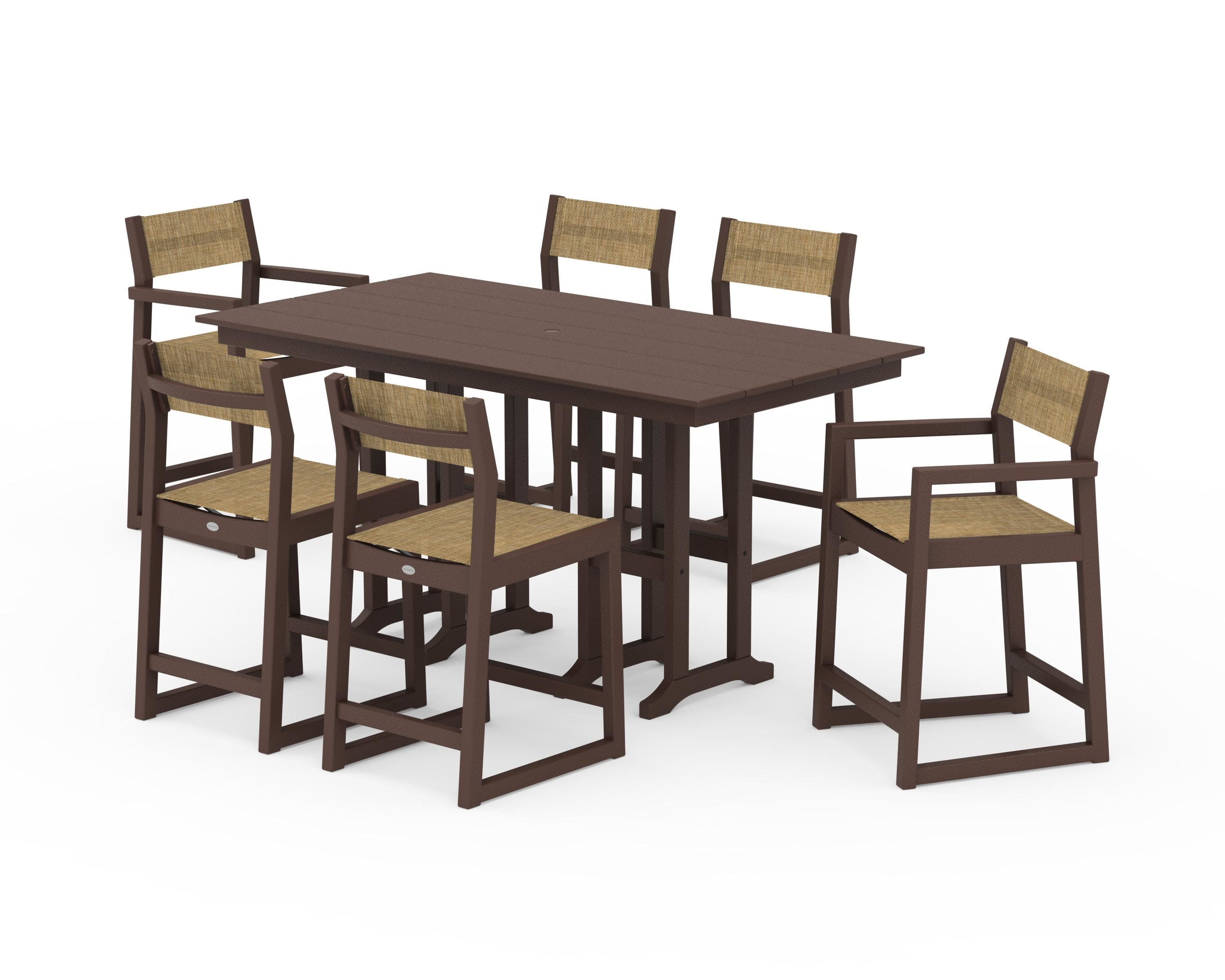 EDGE Sling 7-Piece Farmhouse Counter Set with Trestle Legs in Mahogany / Burlap Sling