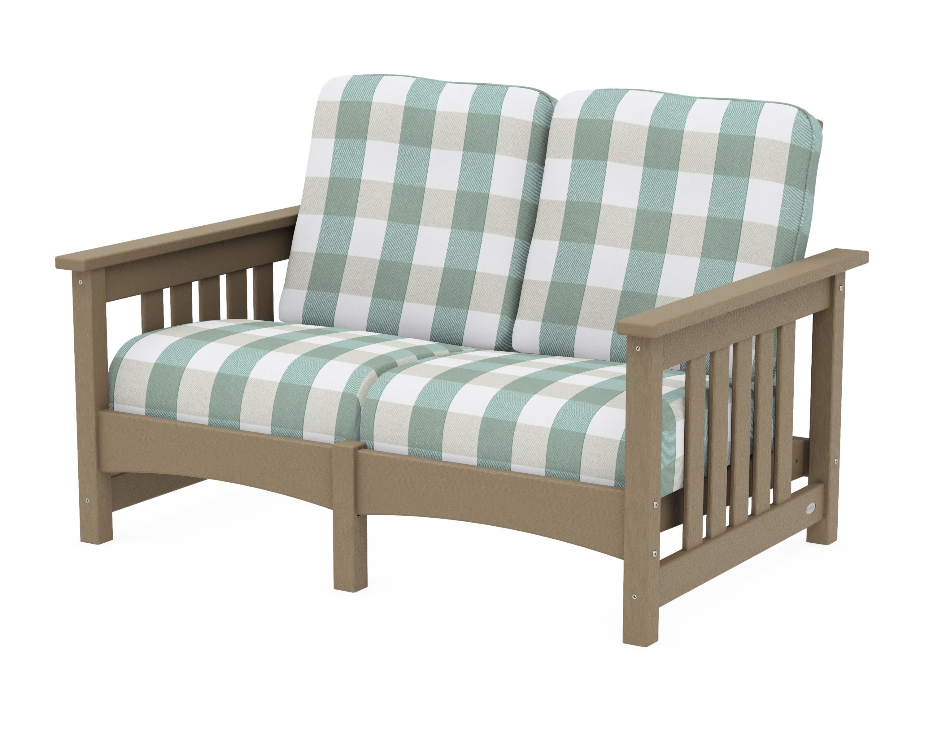 Club Mission Loveseat in Vintage Sahara / Buffalo Plaid Glacier Spa