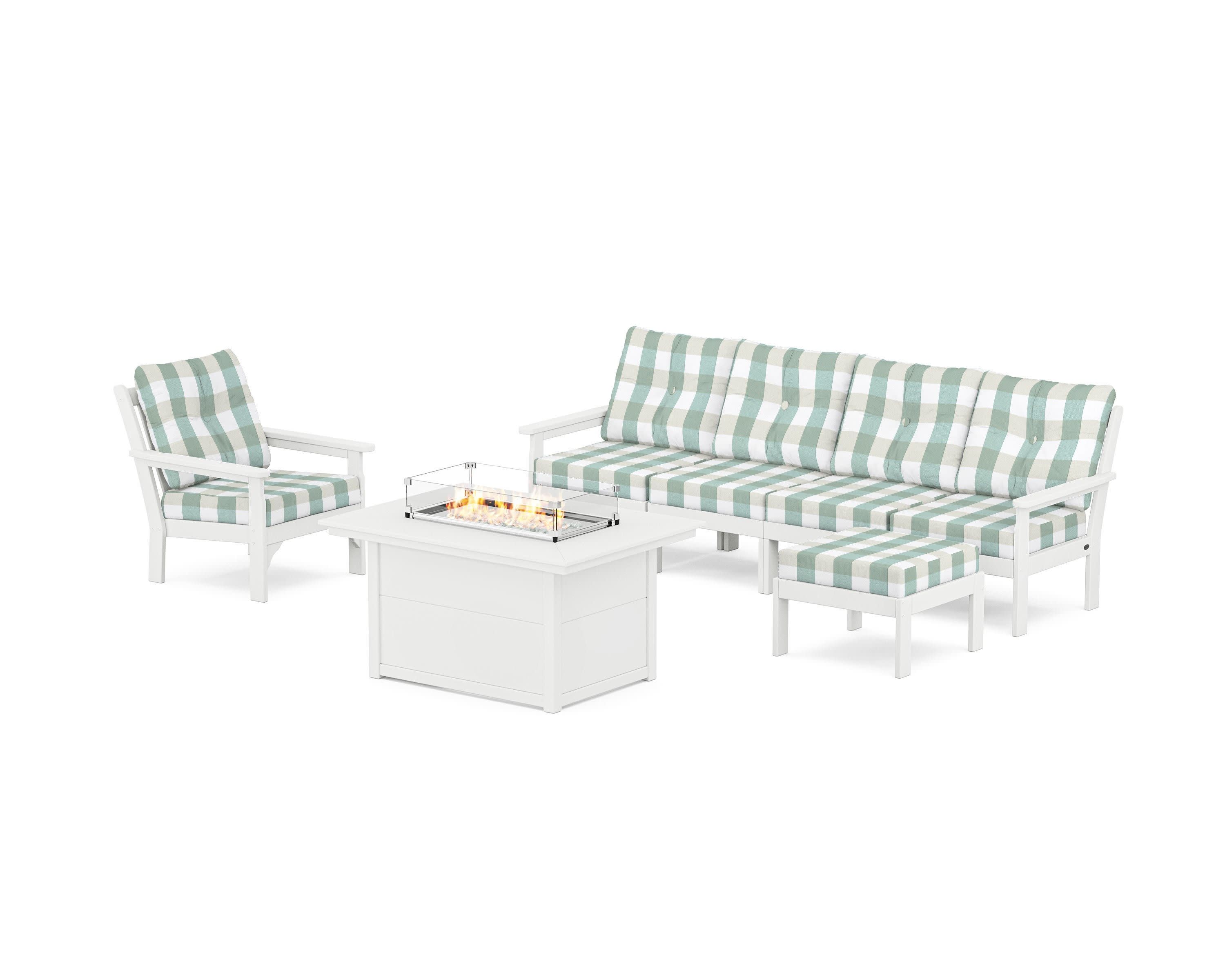 Vineyard Sectional Lounge and Fire Pit Set in White / Buffalo Plaid Glacier Spa