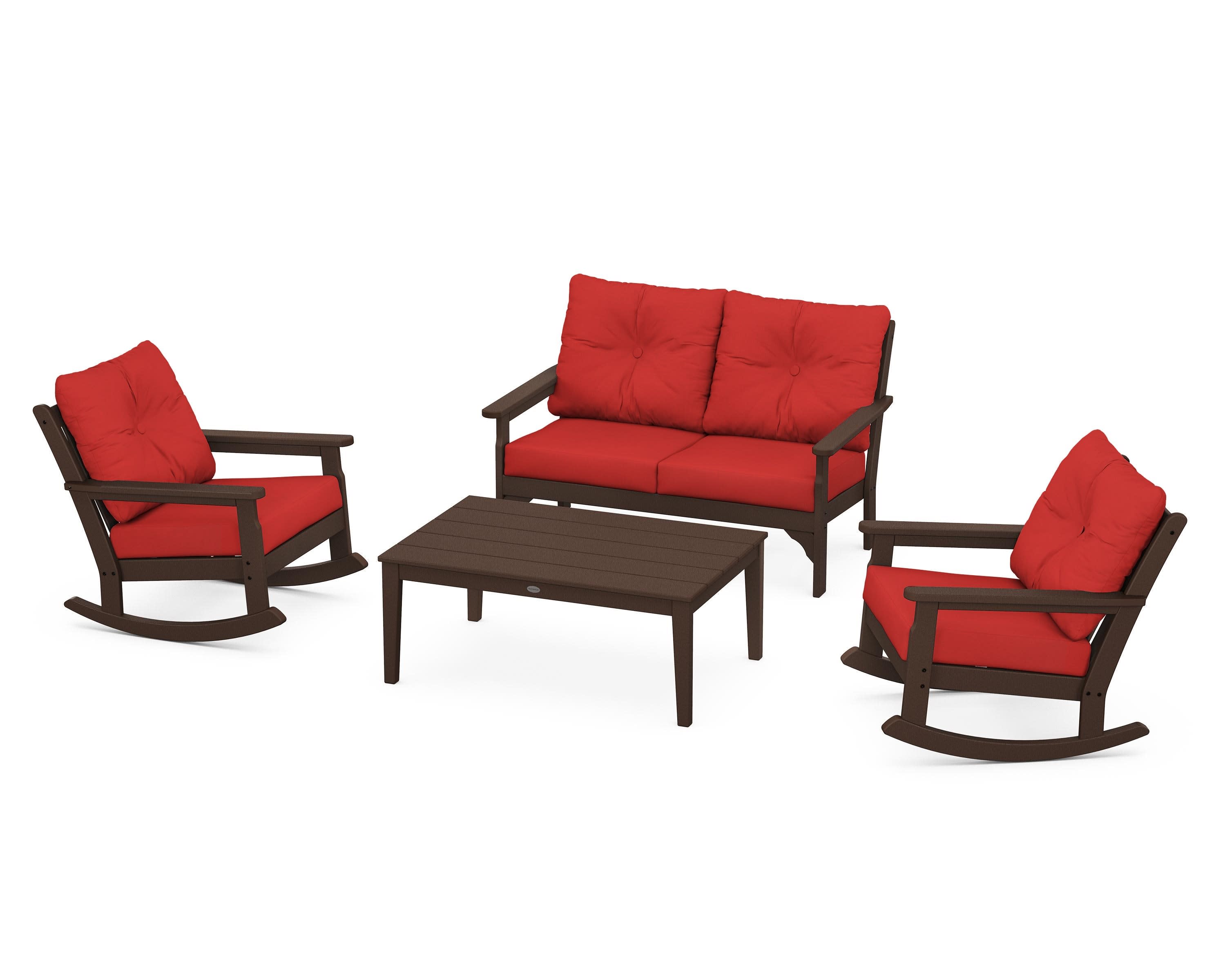Vineyard 4-Piece Deep Seating Rocking Chair Set in Mahogany / Crimson Linen
