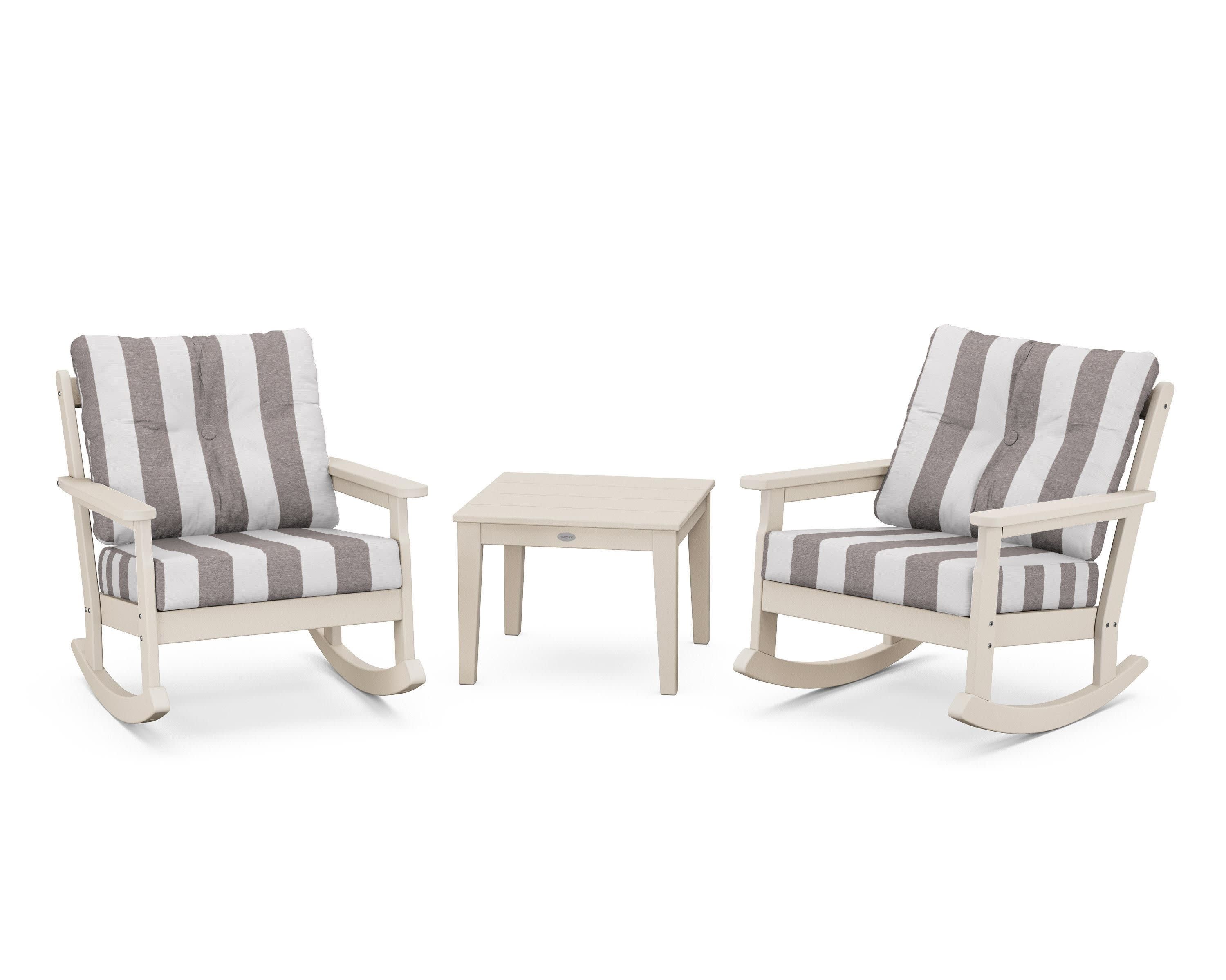 Vineyard 3-Piece Deep Seating Rocker Set in Sand / Cabana Stripe Grey Mist