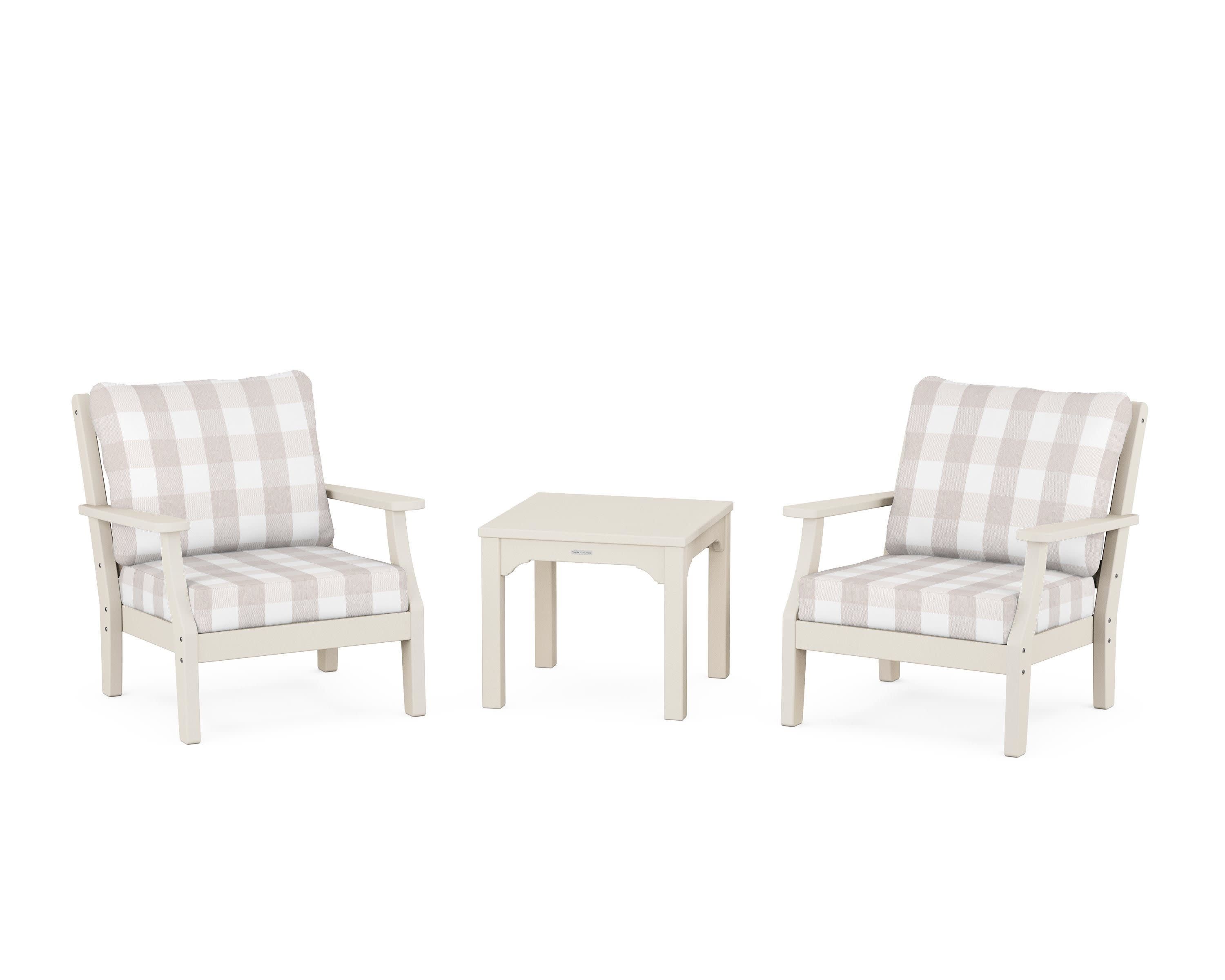 Chinoiserie 3-Piece Deep Seating Set in Sand / Buffalo Plaid Dune Burlap