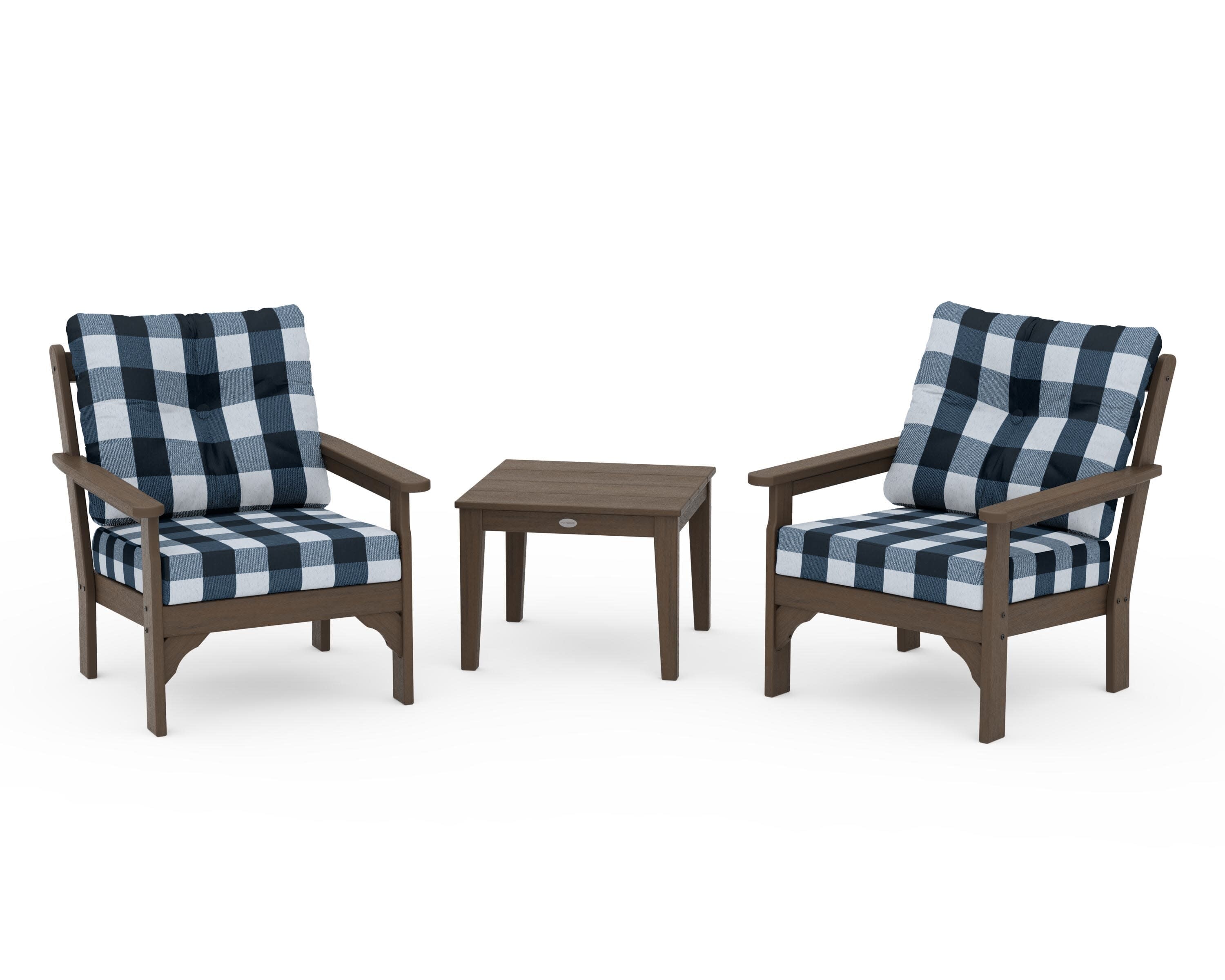 Vineyard 3-Piece Deep Seating Set in Kona / Buffalo Plaid Marine Indigo