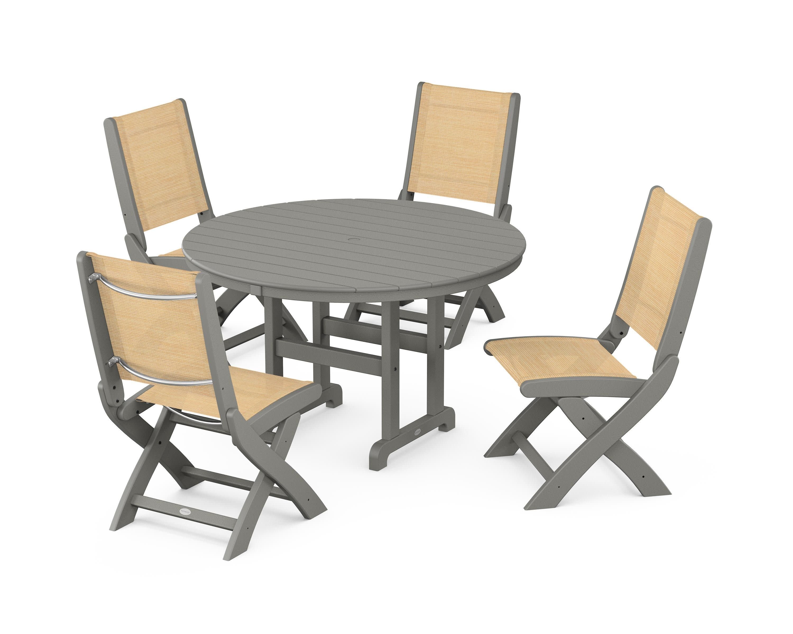 Coastal Folding Side Chair 5-Piece Round Dining Set in Slate Grey / Dupioni Apricot Sling