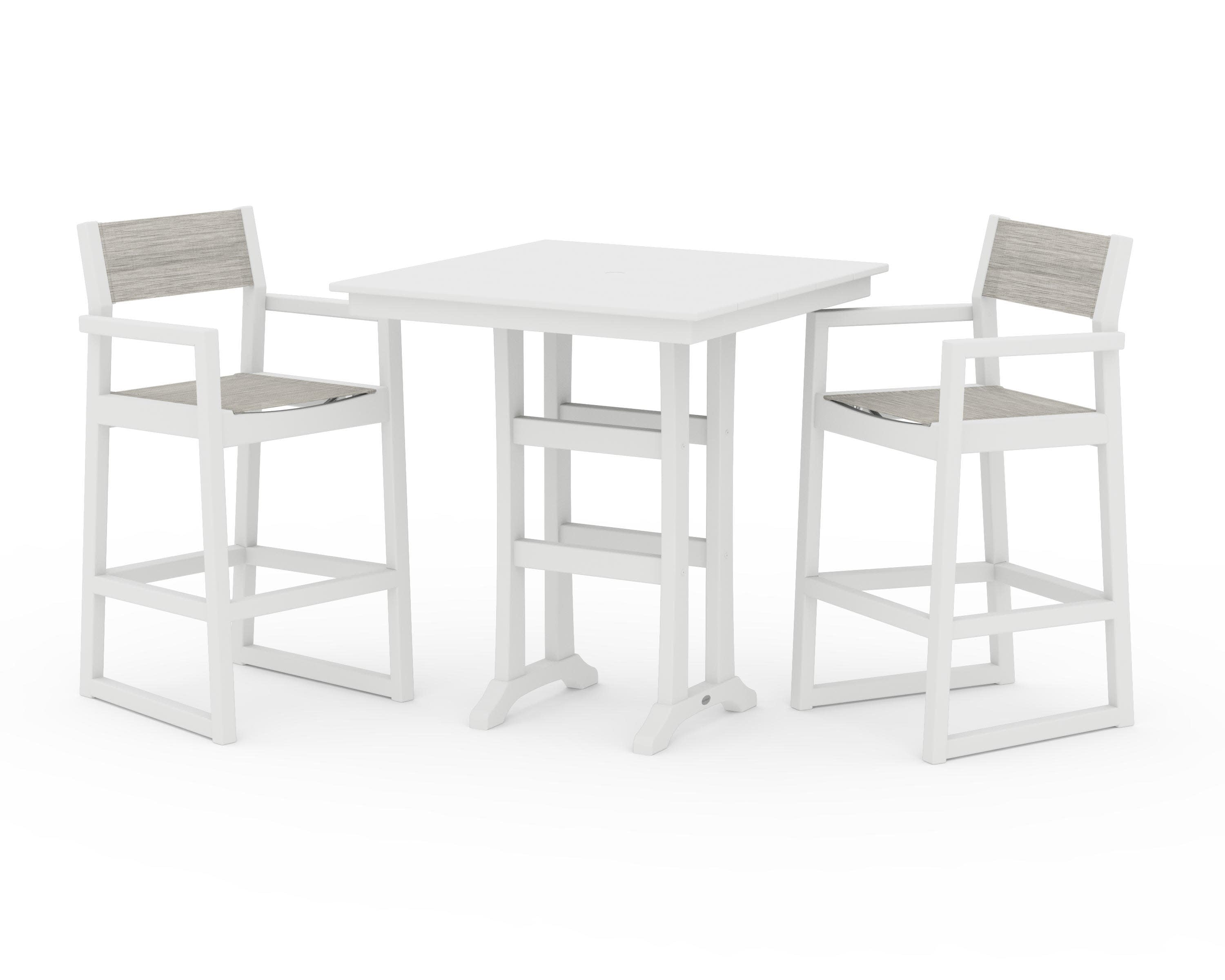 EDGE Sling Arm Chair 3-Piece Farmhouse Bar Set with Trestle Legs in White / Birch Sling