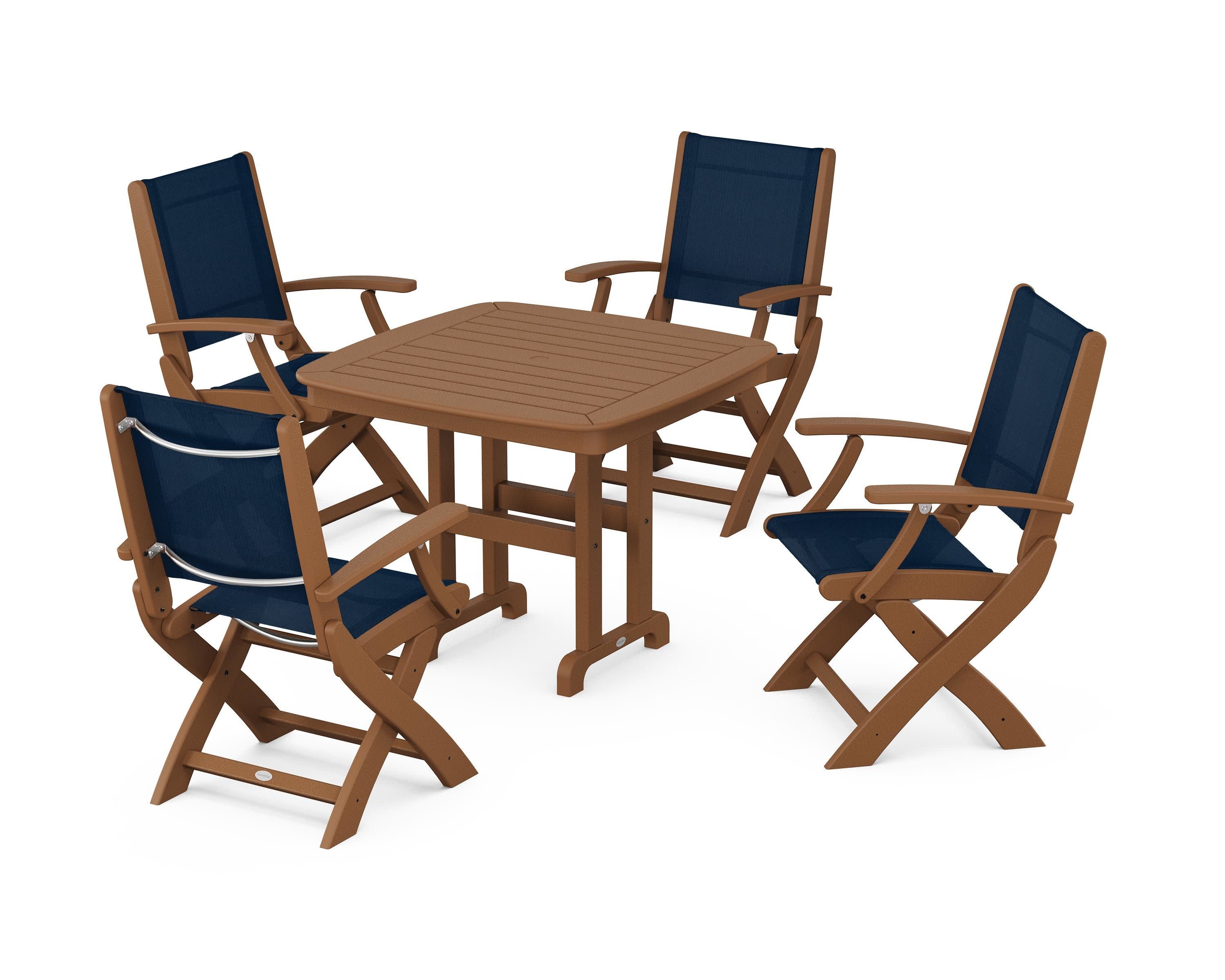 Coastal Folding Chair 5-Piece Dining Set in Teak / Navy Blue Sling