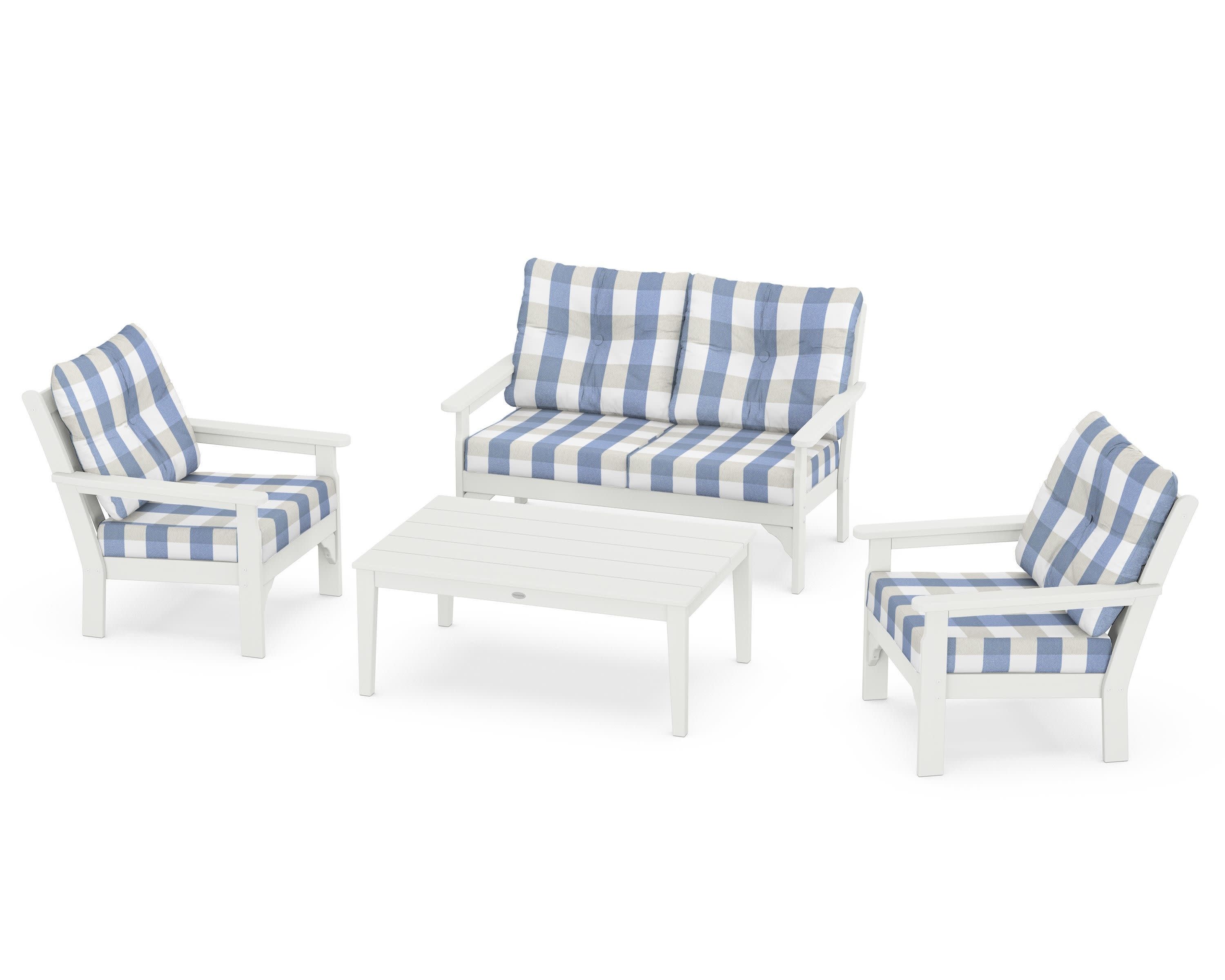 Vineyard 4-Piece Deep Seating Set in Vintage White / Buffalo Plaid Sky Blue