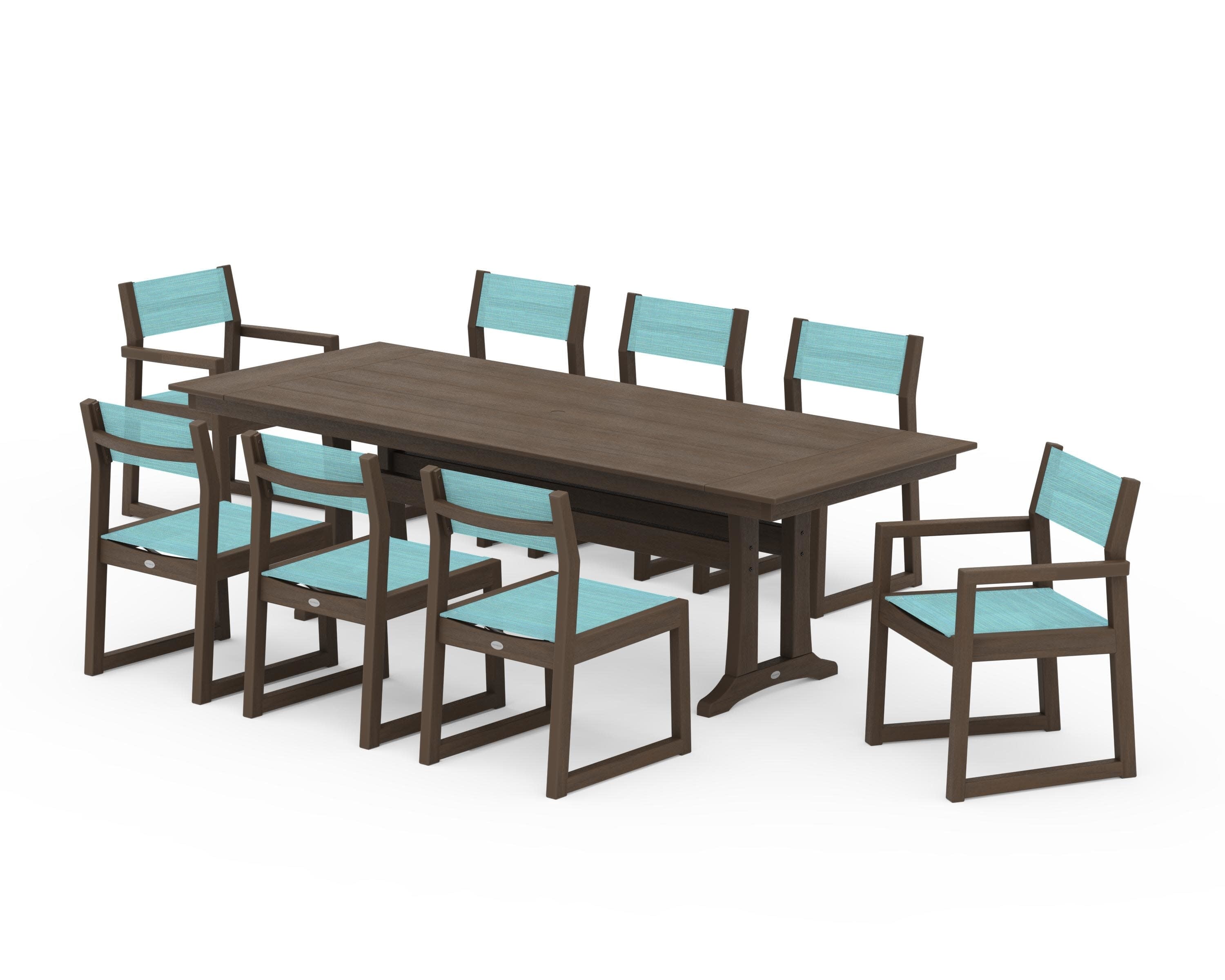 EDGE Sling 9-Piece Farmhouse Trestle Dining Set in Kona / Dupioni Aquamarine Sling