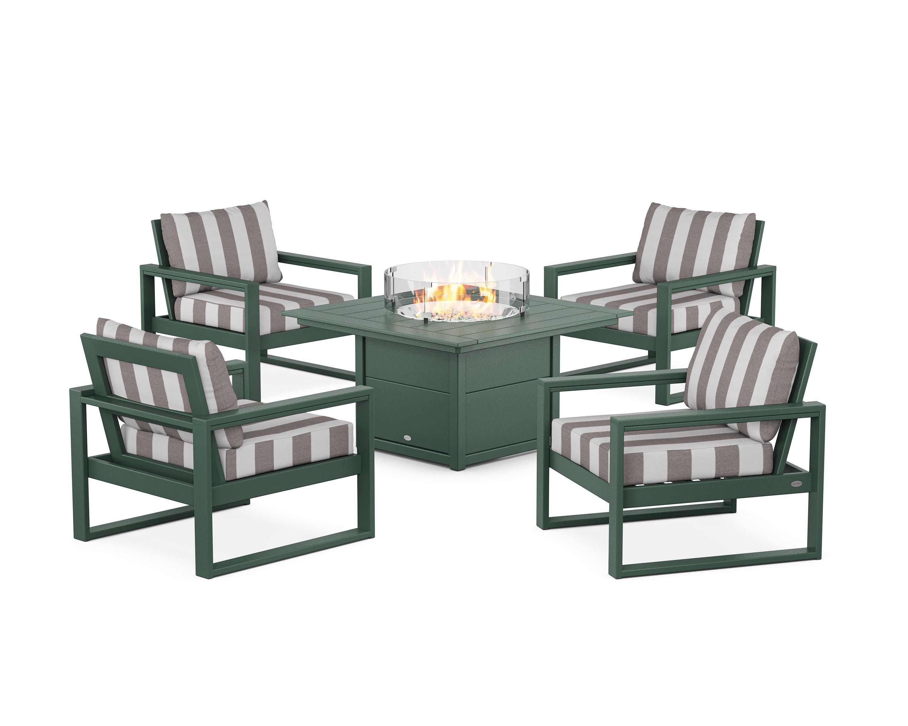 EDGE Sectional 5-Piece Deep Seating Set with Fire Pit Table in Green / Cabana Stripe Grey Mist