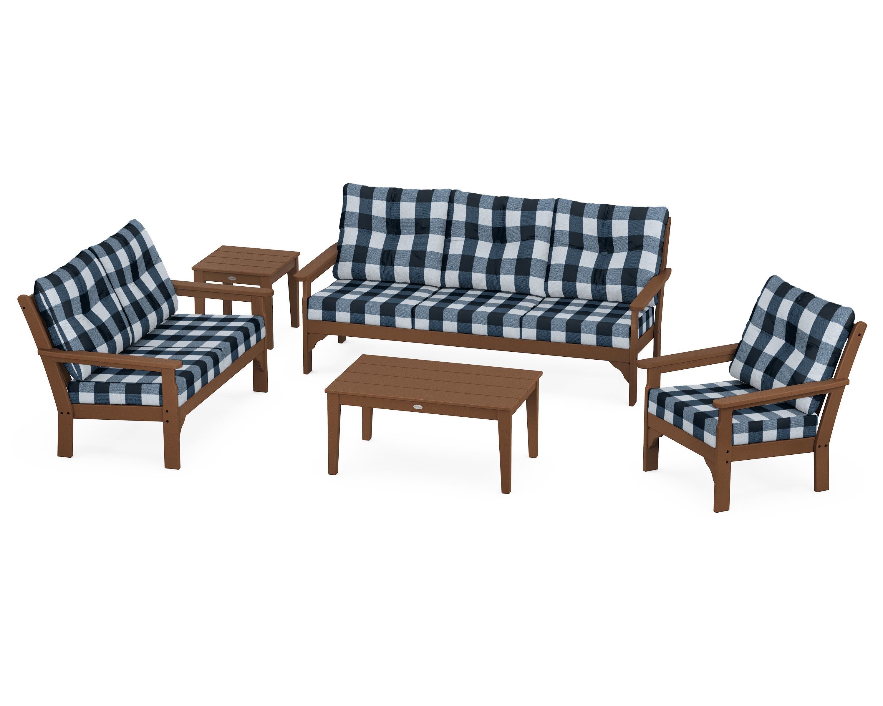 Vineyard 5 Piece Deep Seating Set in Teak / Buffalo Plaid Marine Indigo