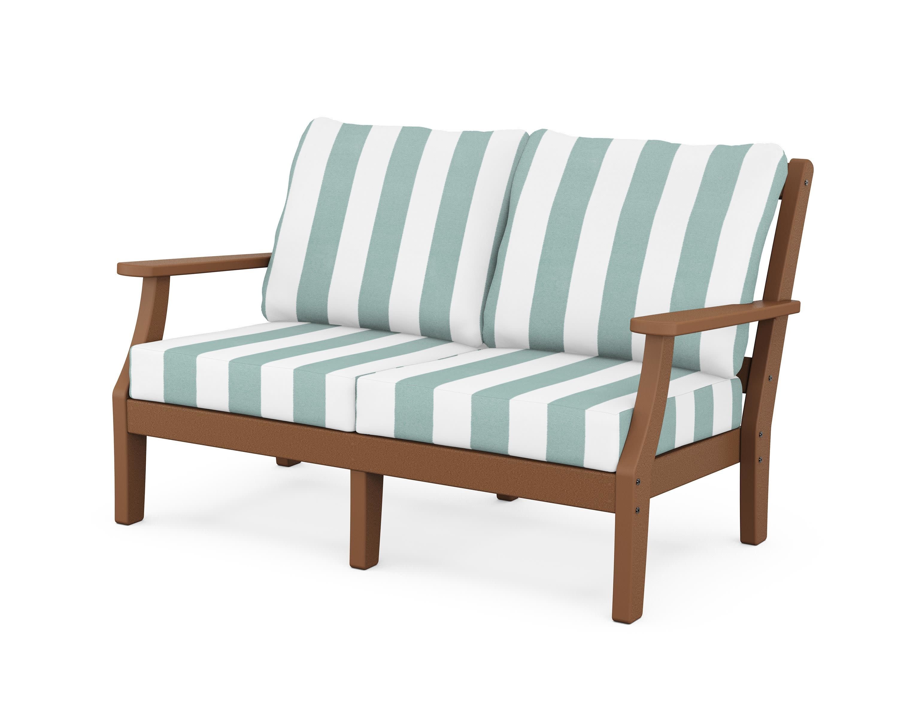Chinoiserie Deep Seating Loveseat in Teak / Cabana Stripe Glacier Spa