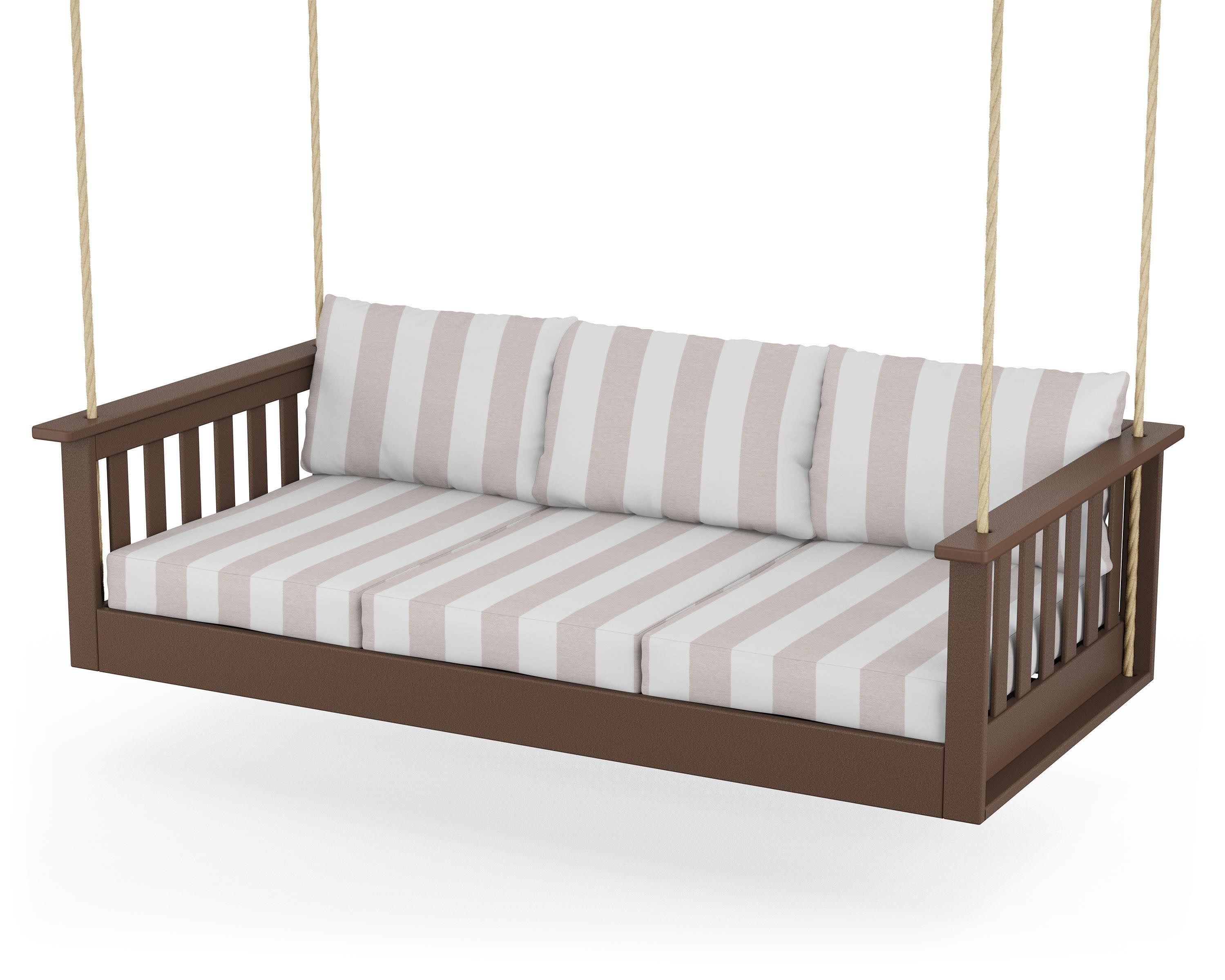 Vineyard Daybed Swing in Mahogany / Cabana Stripe Dune Burlap