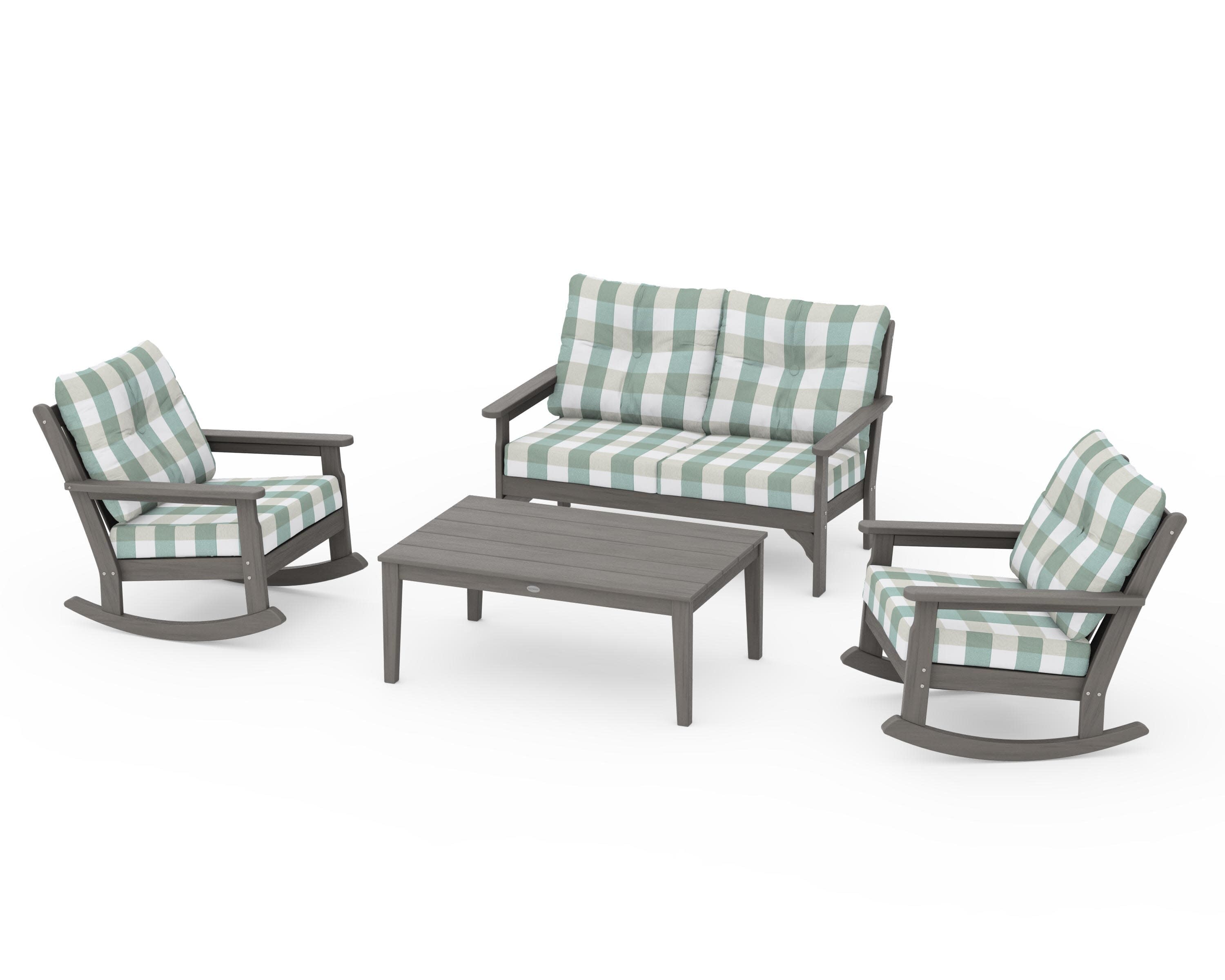 Vineyard 4-Piece Deep Seating Rocking Chair Set in Driftwood / Buffalo Plaid Glacier Spa