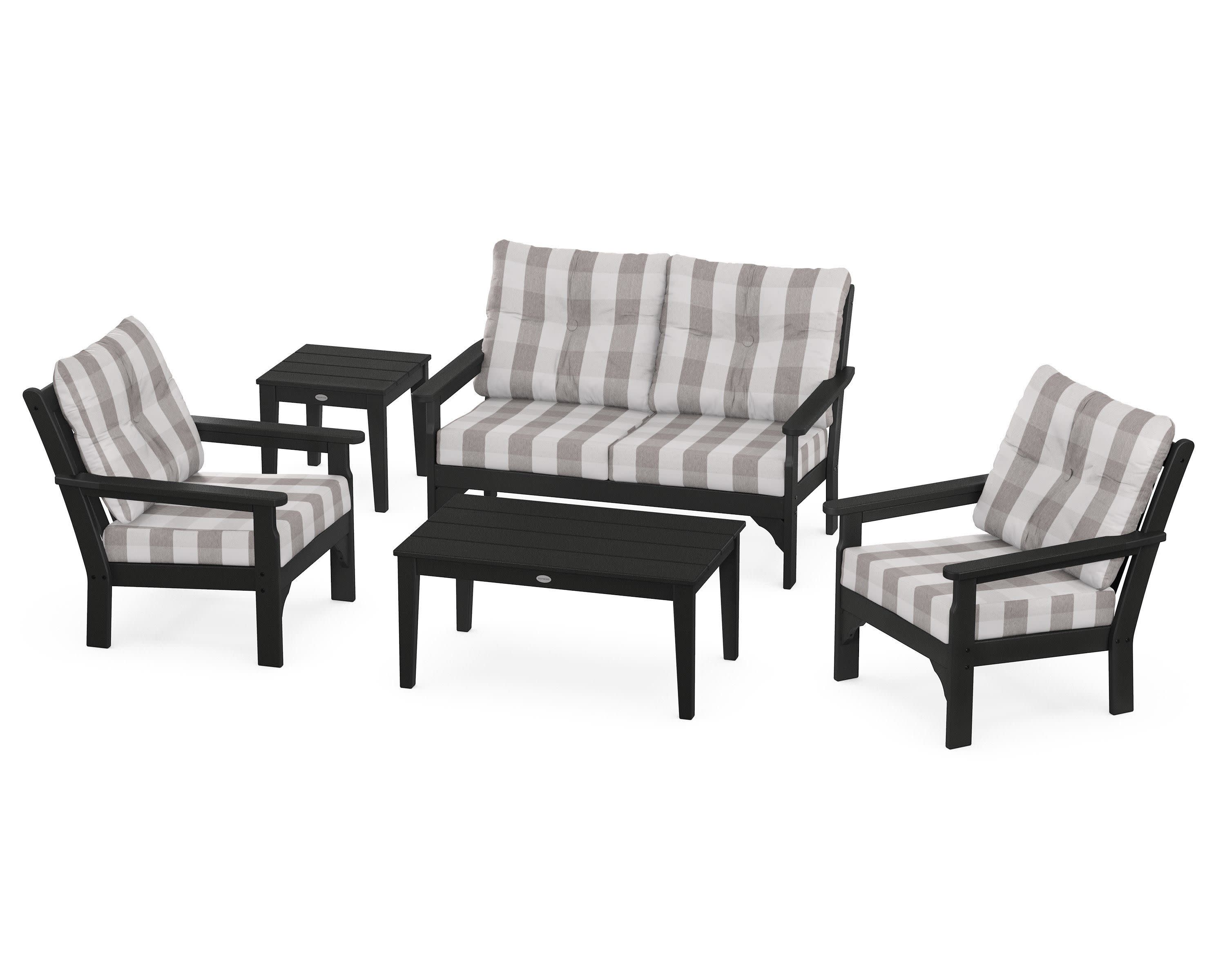 Vineyard 5-Piece Deep Seating Set in Black / Buffalo Plaid Grey Mist