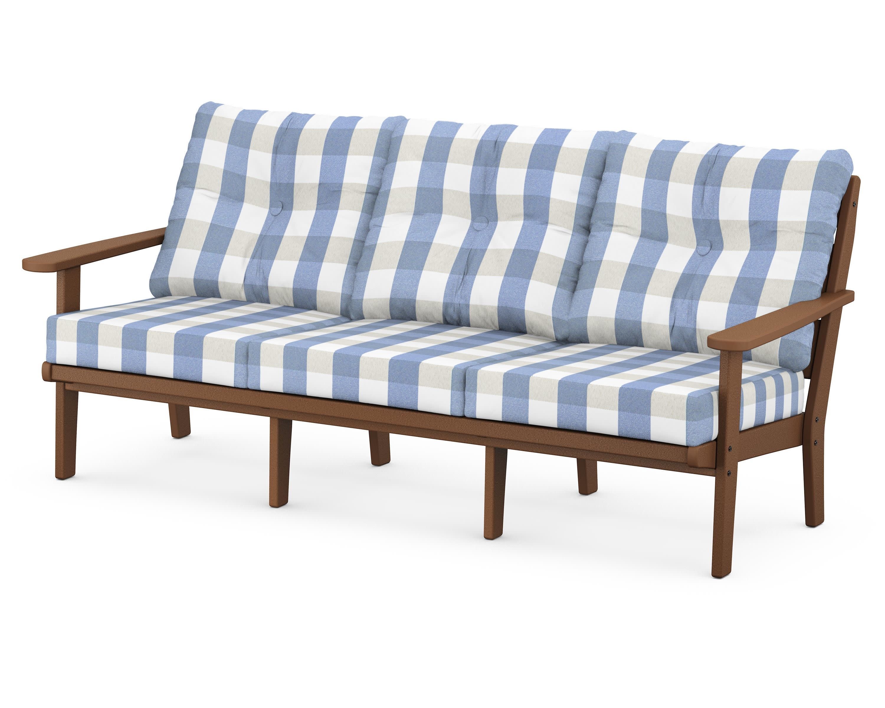 Lakeside Deep Seating Sofa in Teak / Buffalo Plaid Sky Blue