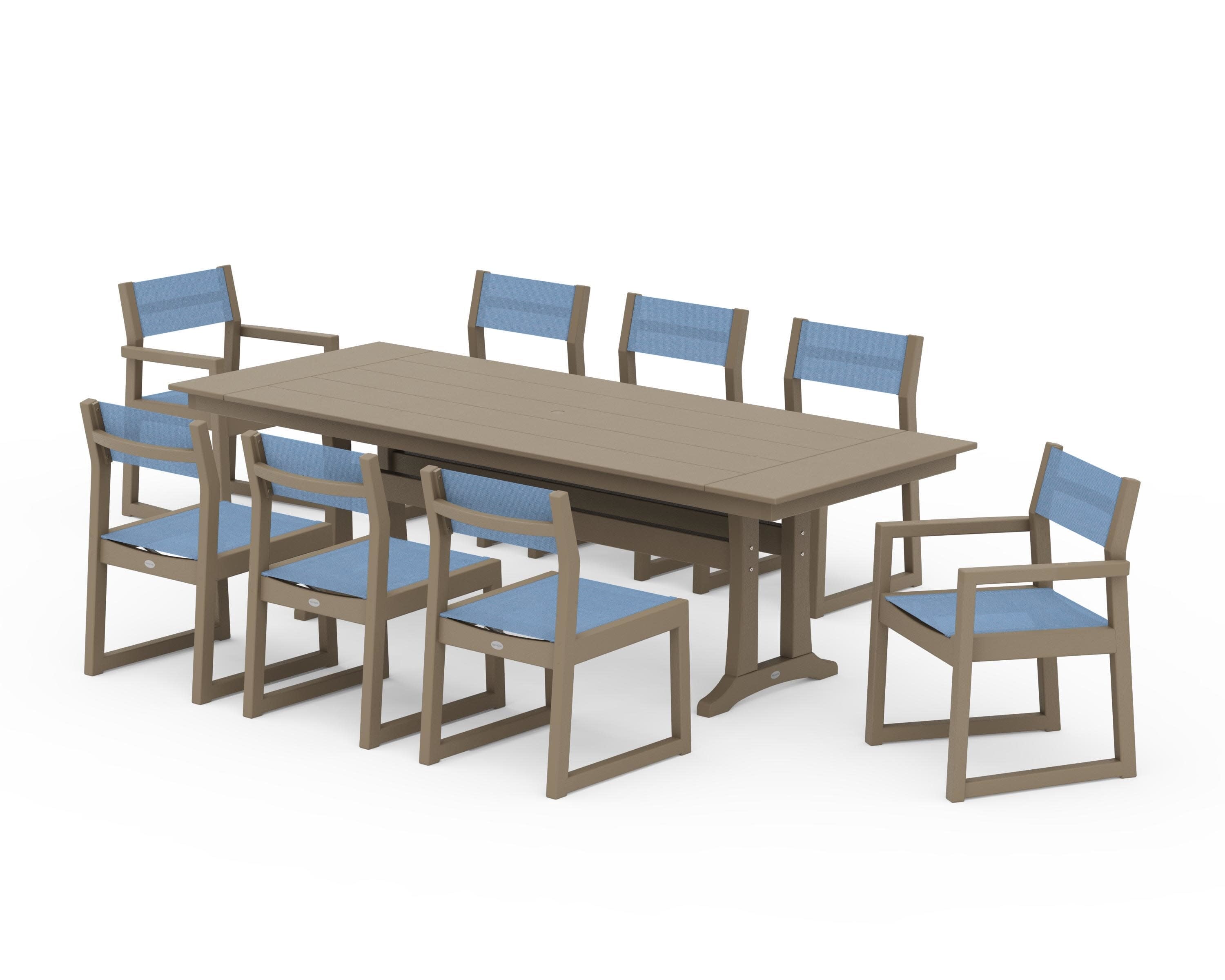 EDGE Sling 9-Piece Farmhouse Trestle Dining Set in Vintage Sahara / Poolside Sling