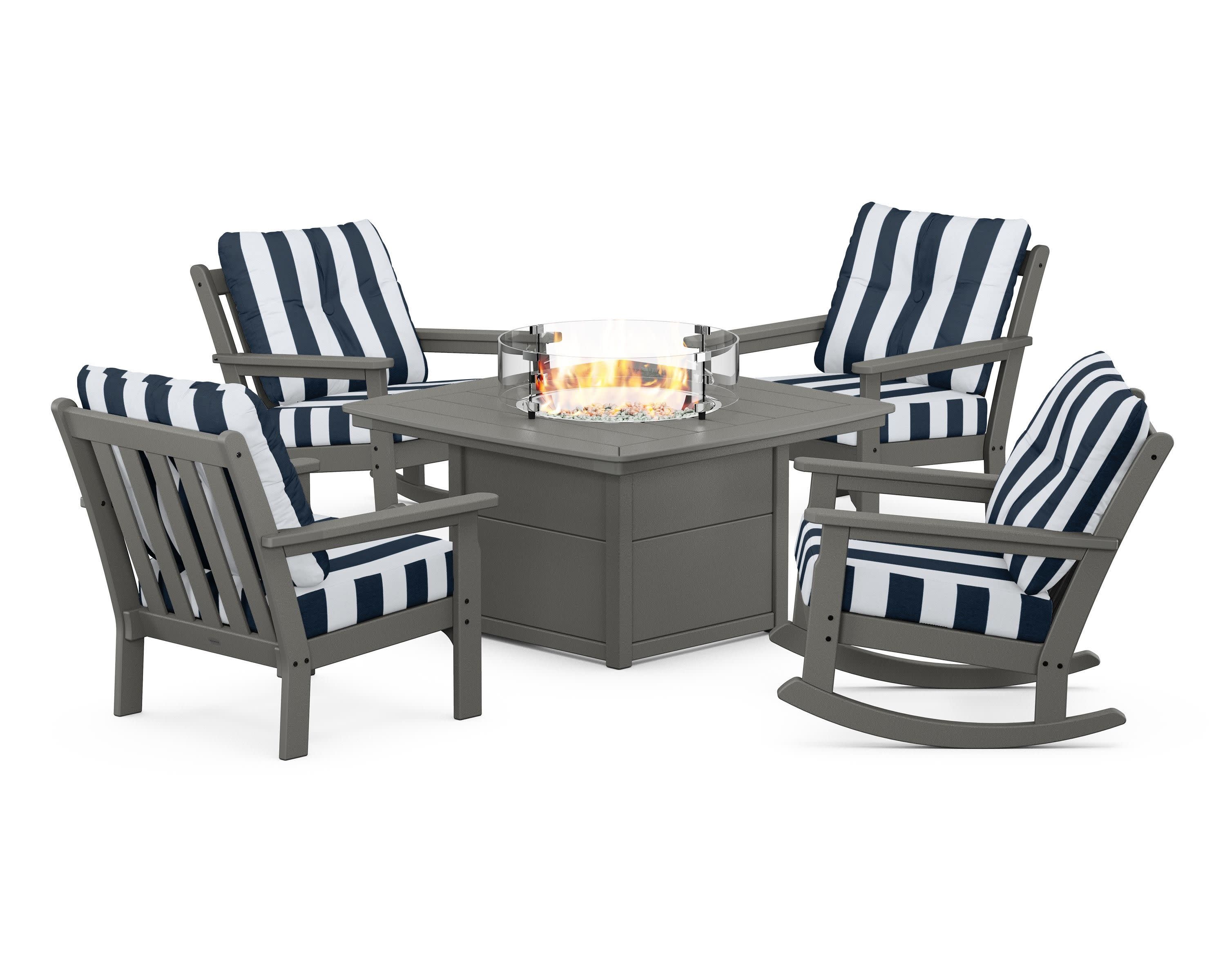 Vineyard 5-Piece Deep Seating Rocking Chair Conversation Set with Fire Pit Table in Slate Grey / Cabana Stripe Marine Indigo