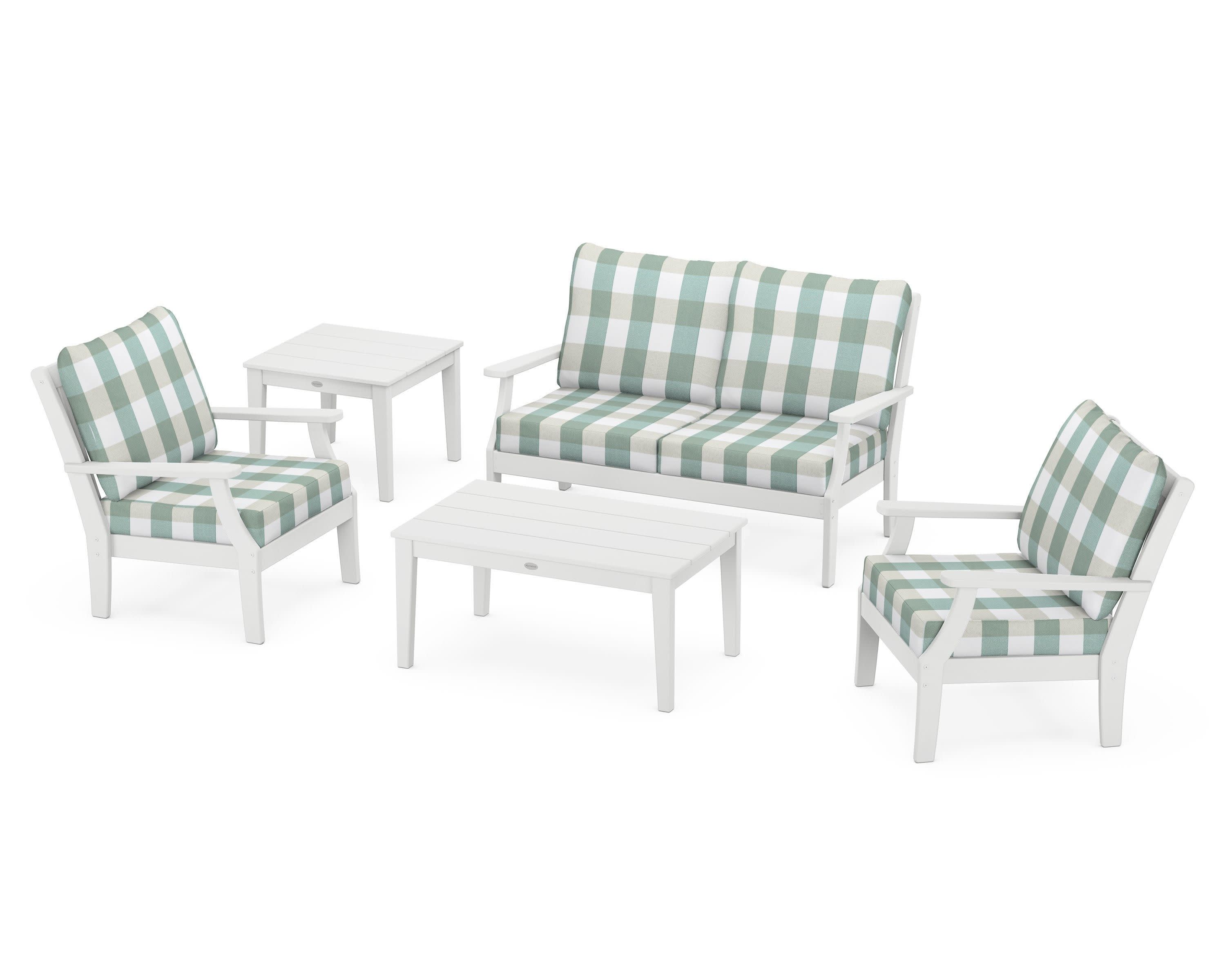 Braxton 5-Piece Deep Seating Set in White / Buffalo Plaid Glacier Spa