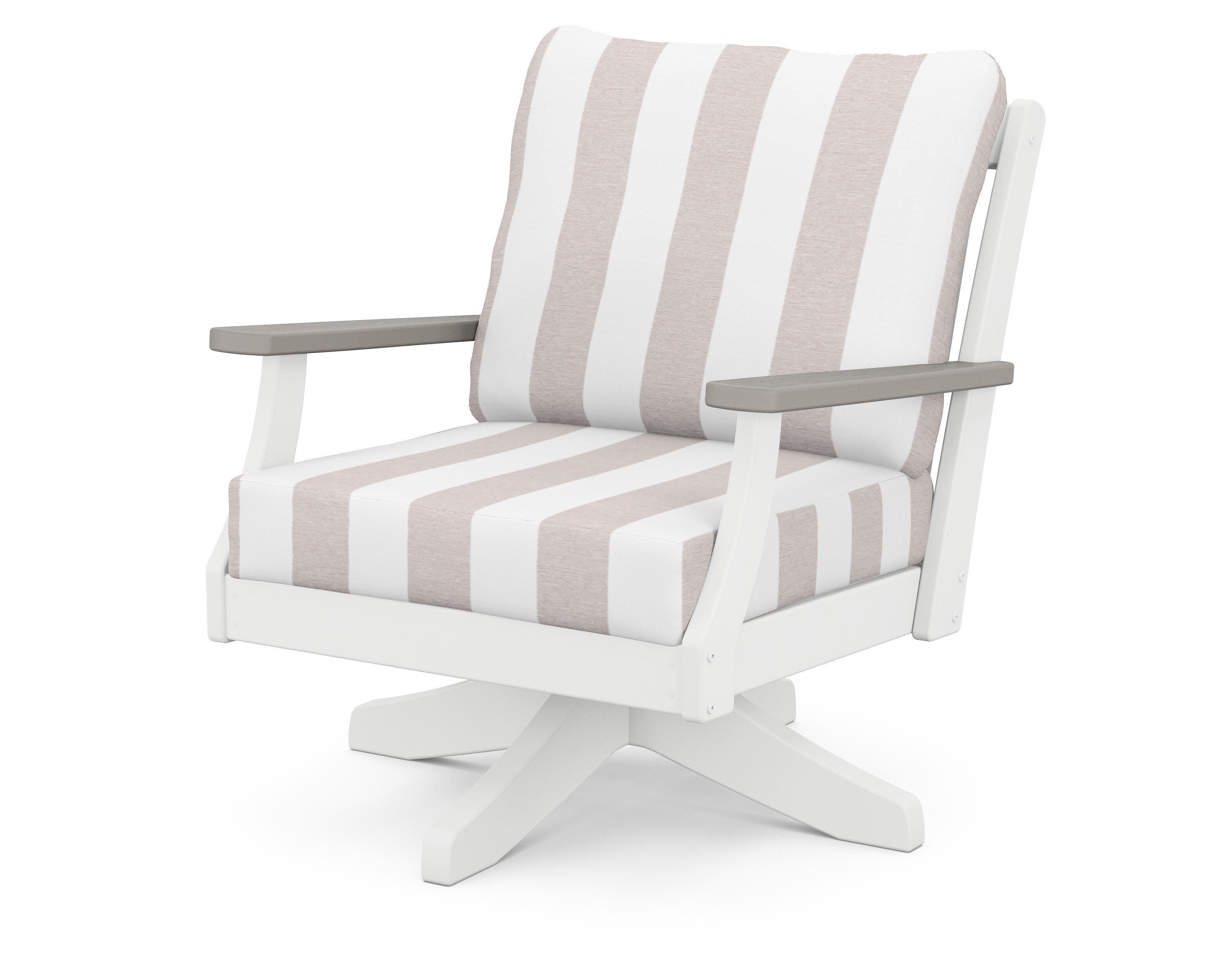 Braxton Deep Seating Swivel Chair in White / Driftwood / Cabana Stripe Dune Burlap