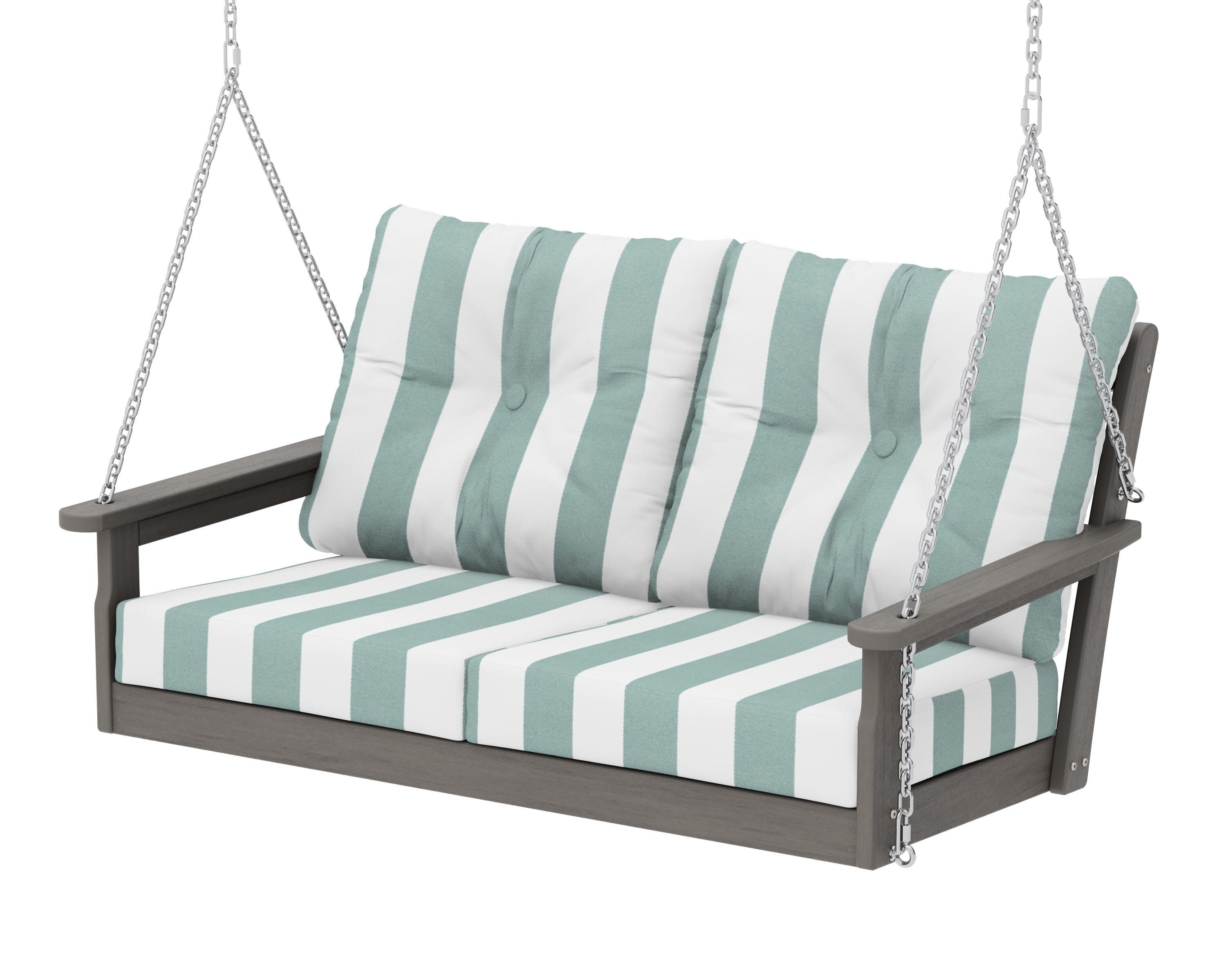 Vineyard Deep Seating Swing in Driftwood / Cabana Stripe Glacier Spa